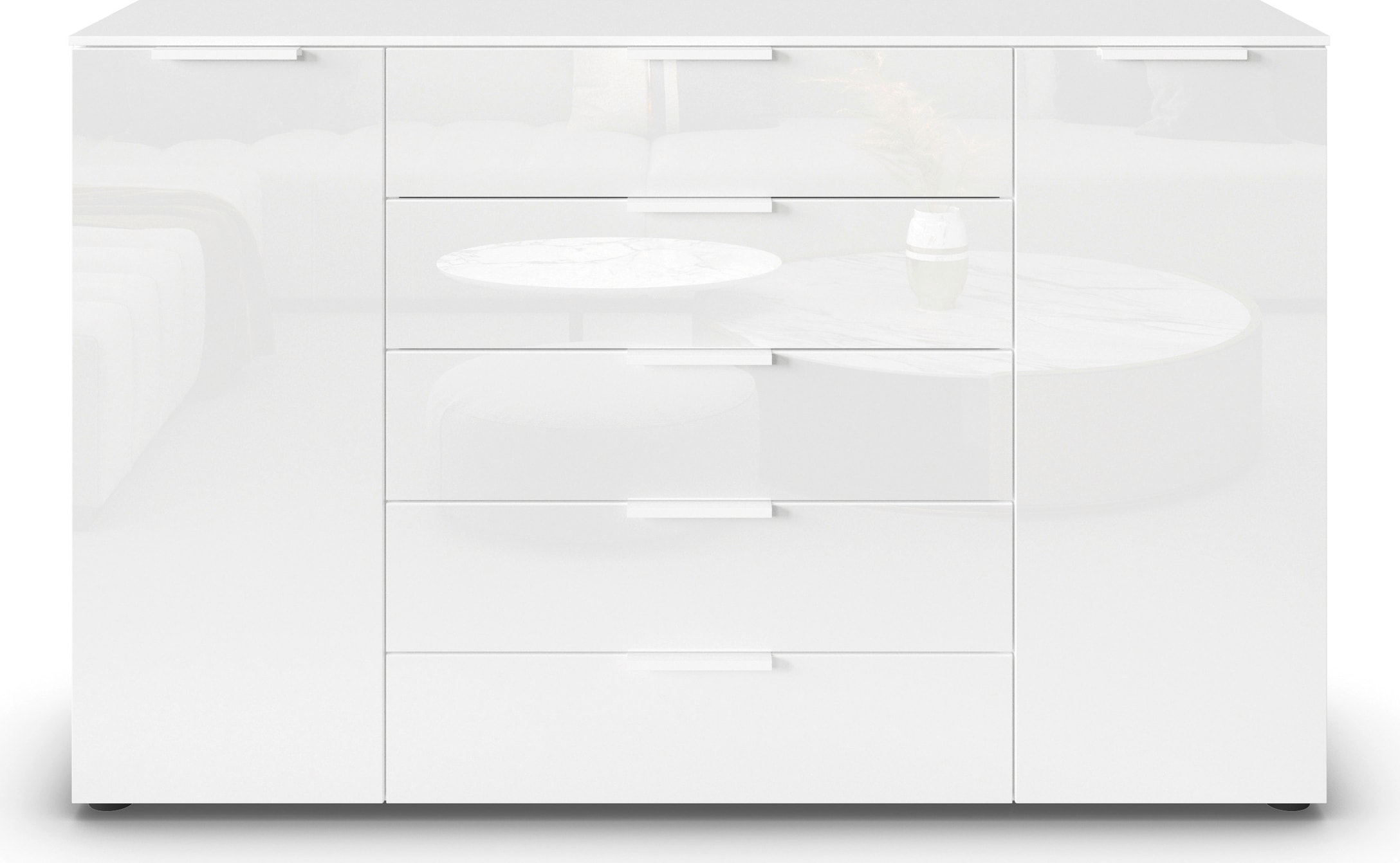 rauch Schubkastenkommode »Kommode Türkommode Sideboard Kombikommode FLIPP mit Glasfront« Breite 160/180 cm mit 4 Einlegeböden,  2-trg mit 5 Schubladen und Soft-Close, 2 Breiten MADE IN GERMANY