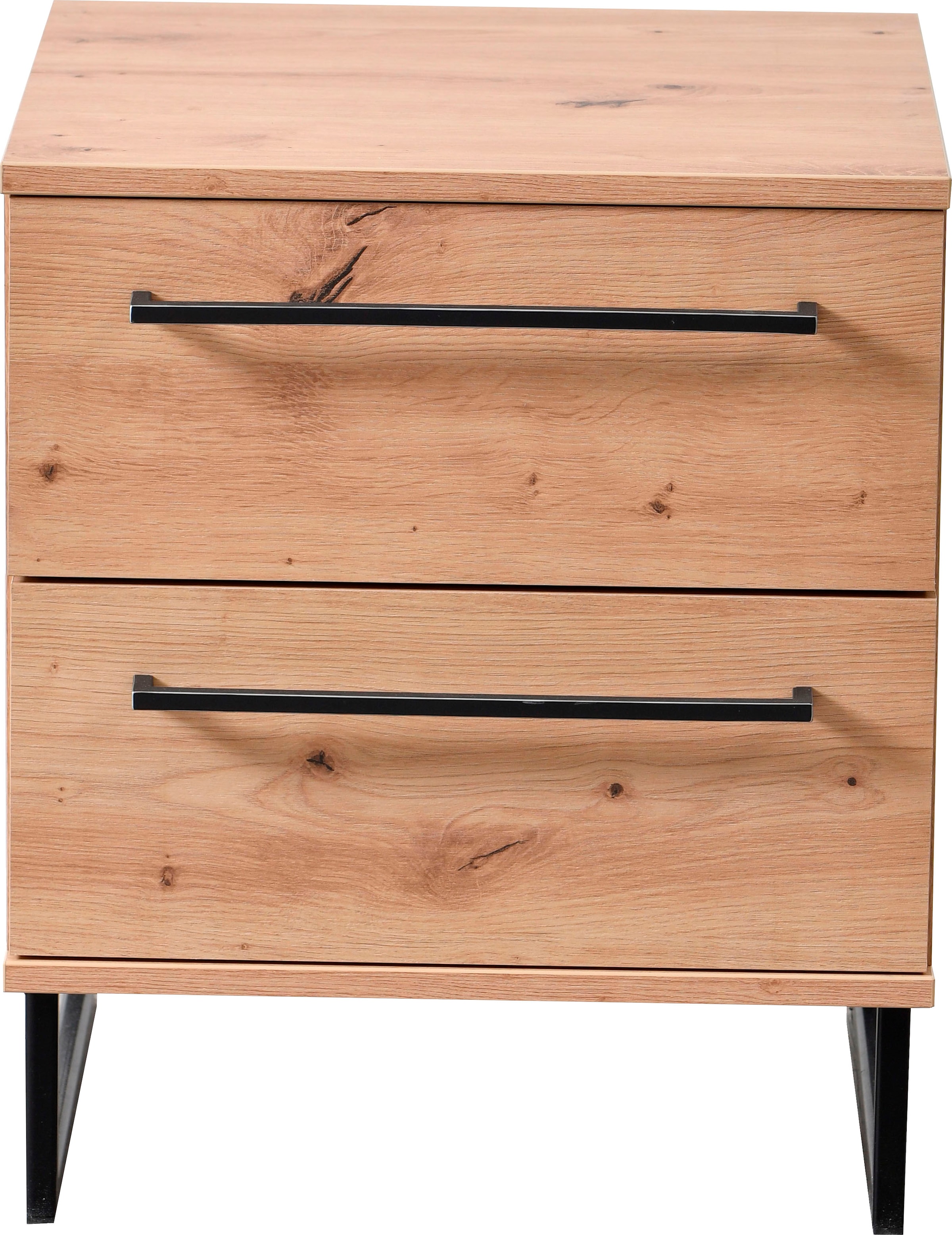 INOSIGN Nachtkommode »Sardinia, Nachtschrank, Maße (B/T/H): 45,5/35/54 cm«, (FSC-zertifizierter Holzwerkstoff), mit 2 Schubladen, Metallgriffe und Metallfüße in Kufenform