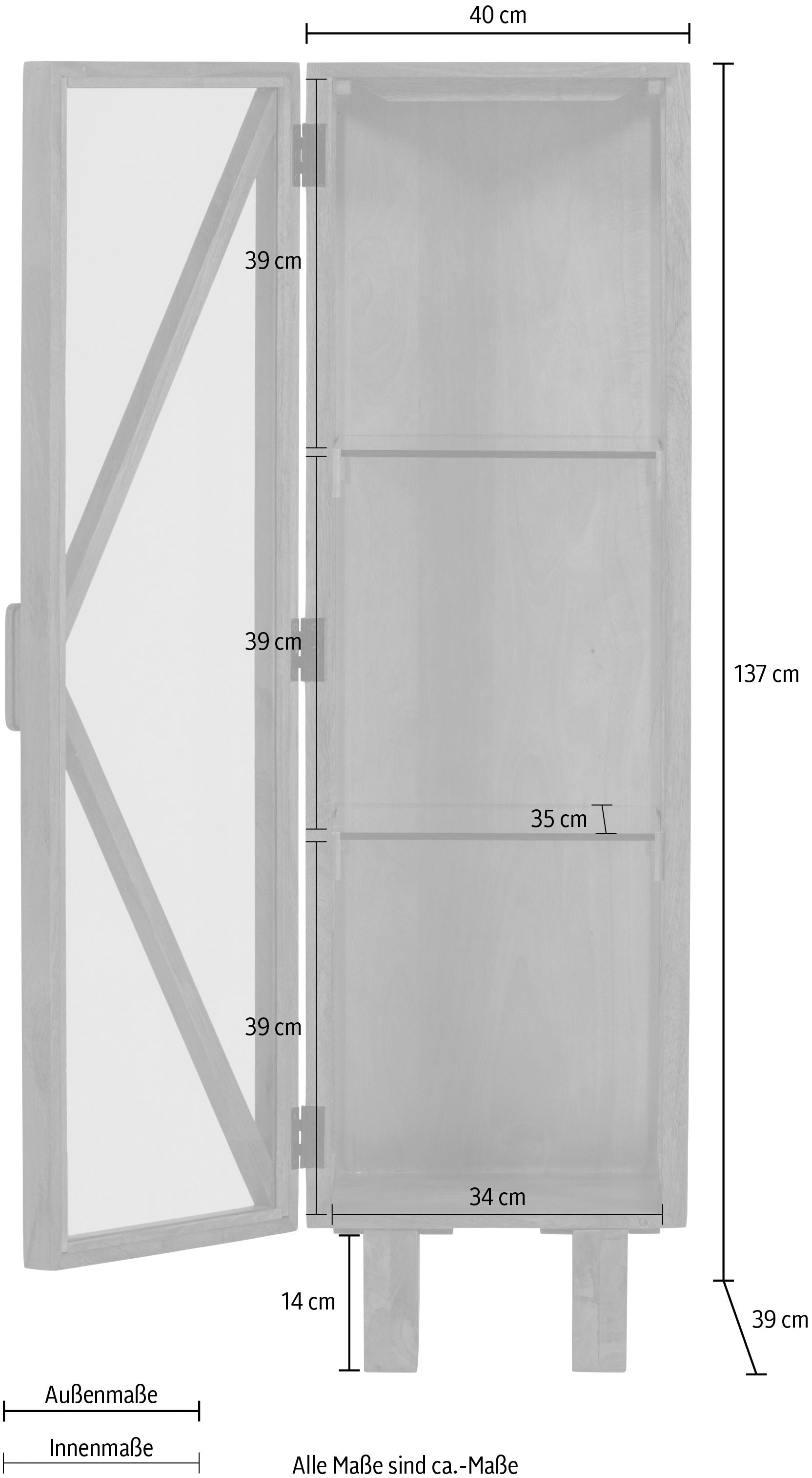 WOOOD Vitrine »Kella Mangoholz mit Glastüren und Glaseinlegeböden 40 x 39 x 137 cm« Tragkraft 5–7 kg pro Glasboden, Wandbefestigung empfohlen
