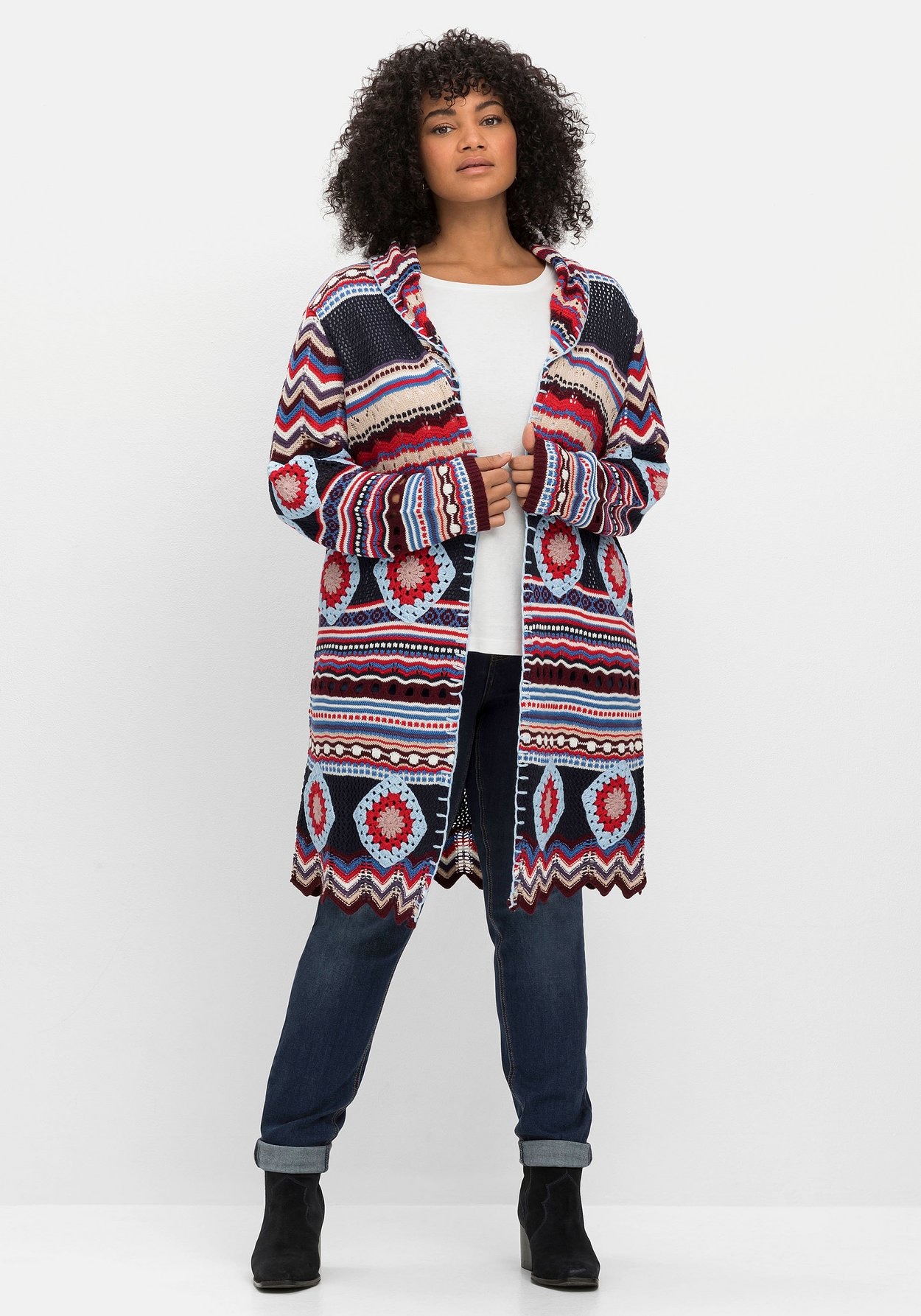 Sheego Longstrickjacke »Longstrickjacke im Boho-Stil, mit Schalkragen«, im Boho-Stil, mit Schalkragen