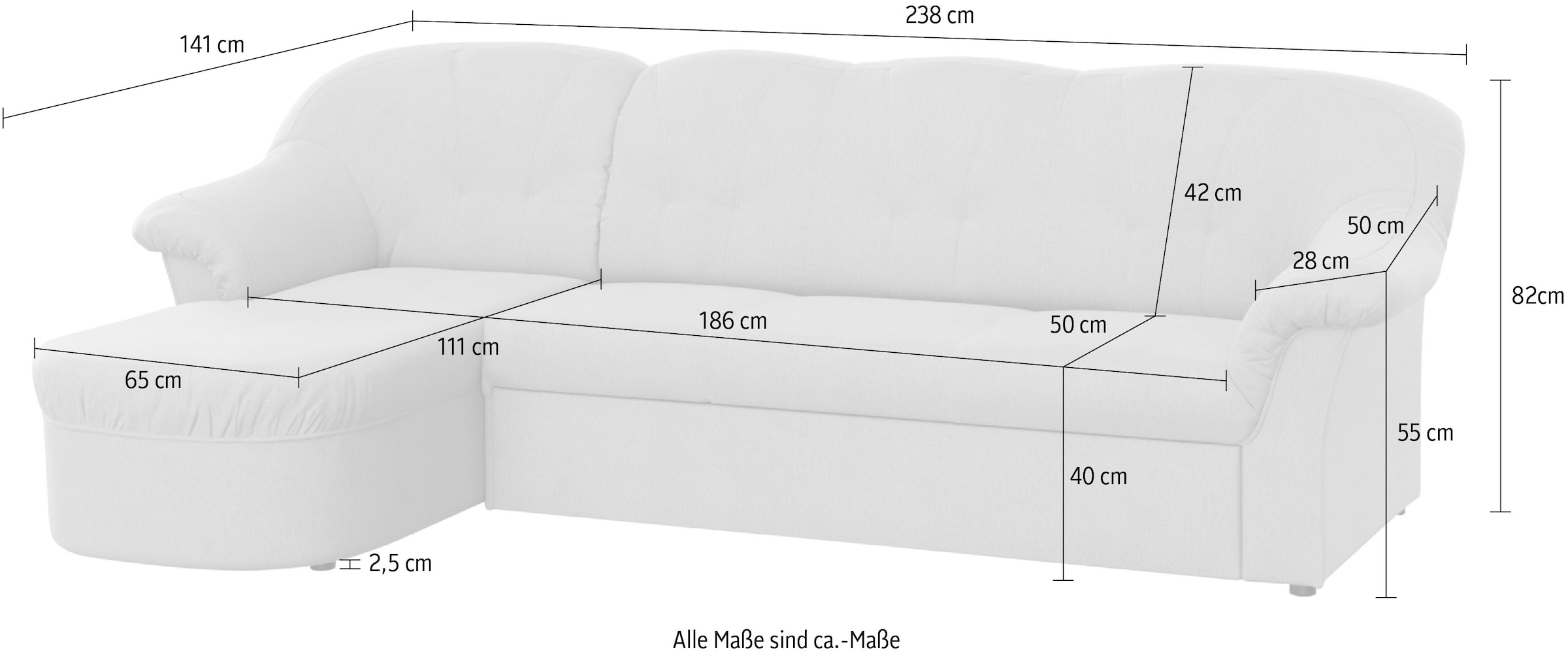 DOMO collection Ecksofa »Pegnitz, elegante Rückensteppung, kompakte Stellmaße 238/141cm, L-Form«, wahlweise mit Bettfunktion