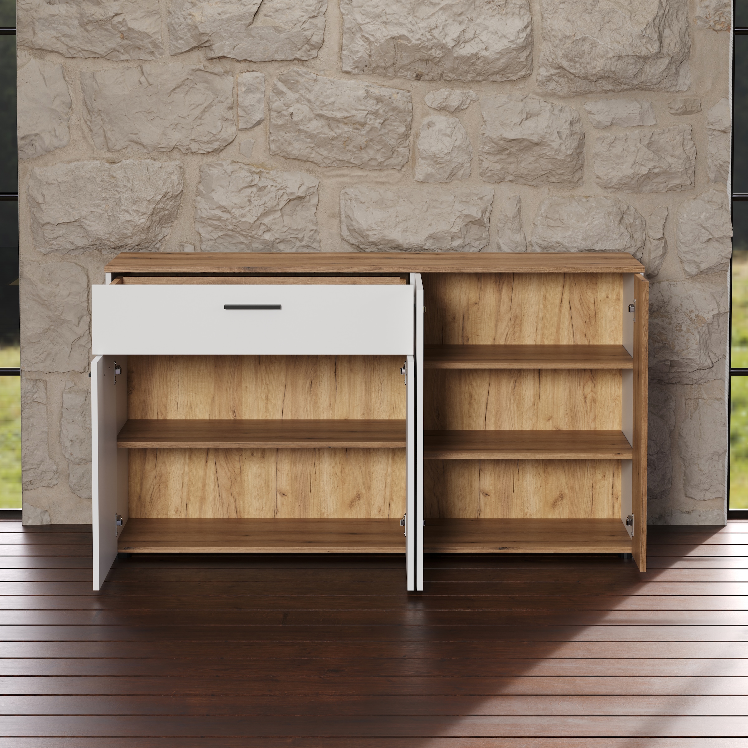 INOSIGN Sideboard »Linz«, (1 St.), Kommode mit Hirnholzapplikationen - Schrank (B/T/H) 150/42/83 cm