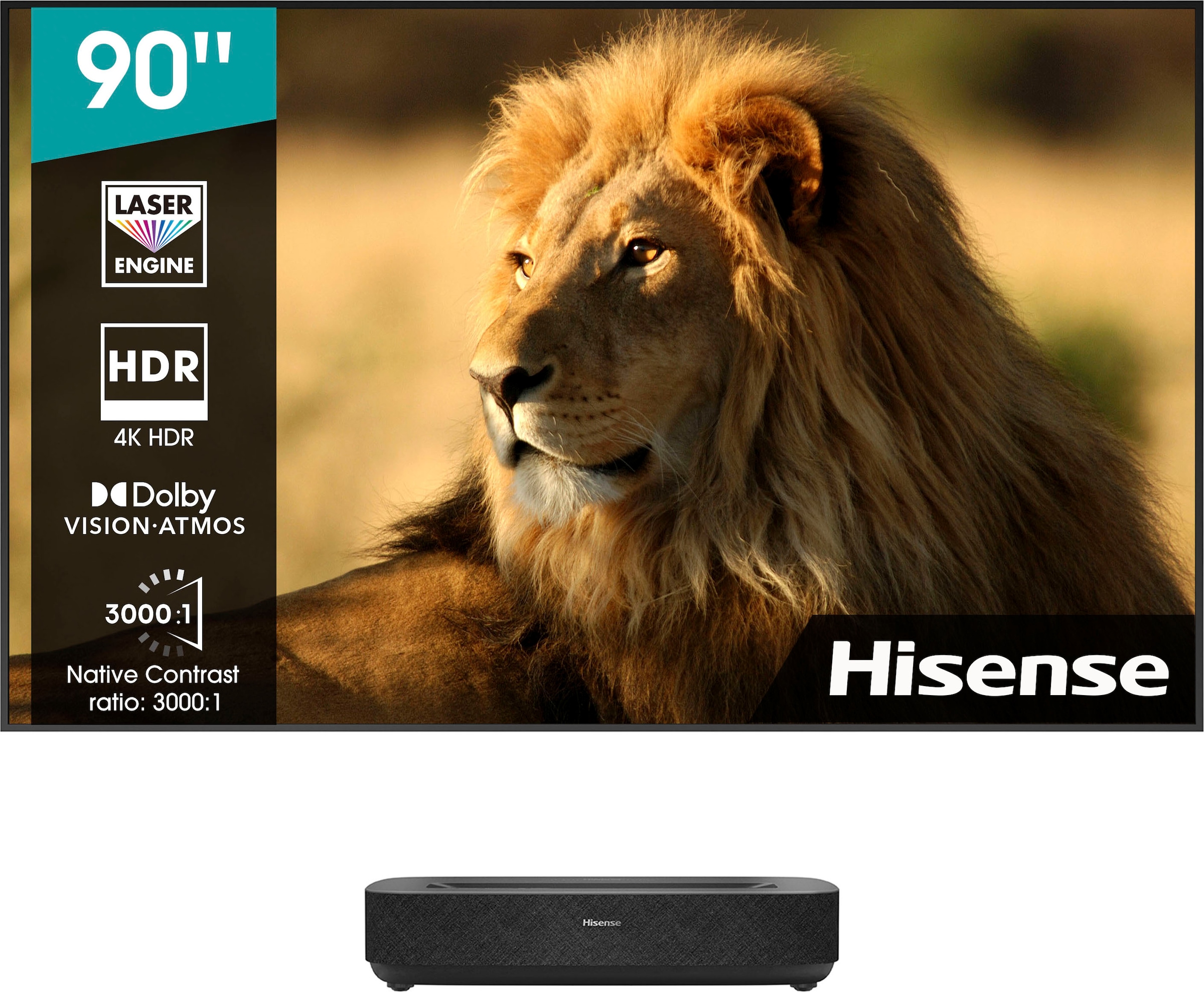 Hisense DLP-Beamer »Hisense UNIVERSAL Garantie 90L5HD Laser 4K, Dolby HDR, Game Mode, Zoll) Daylight ➥ 3 XXL Projektor«, (90 Atmos Jahre Screen 