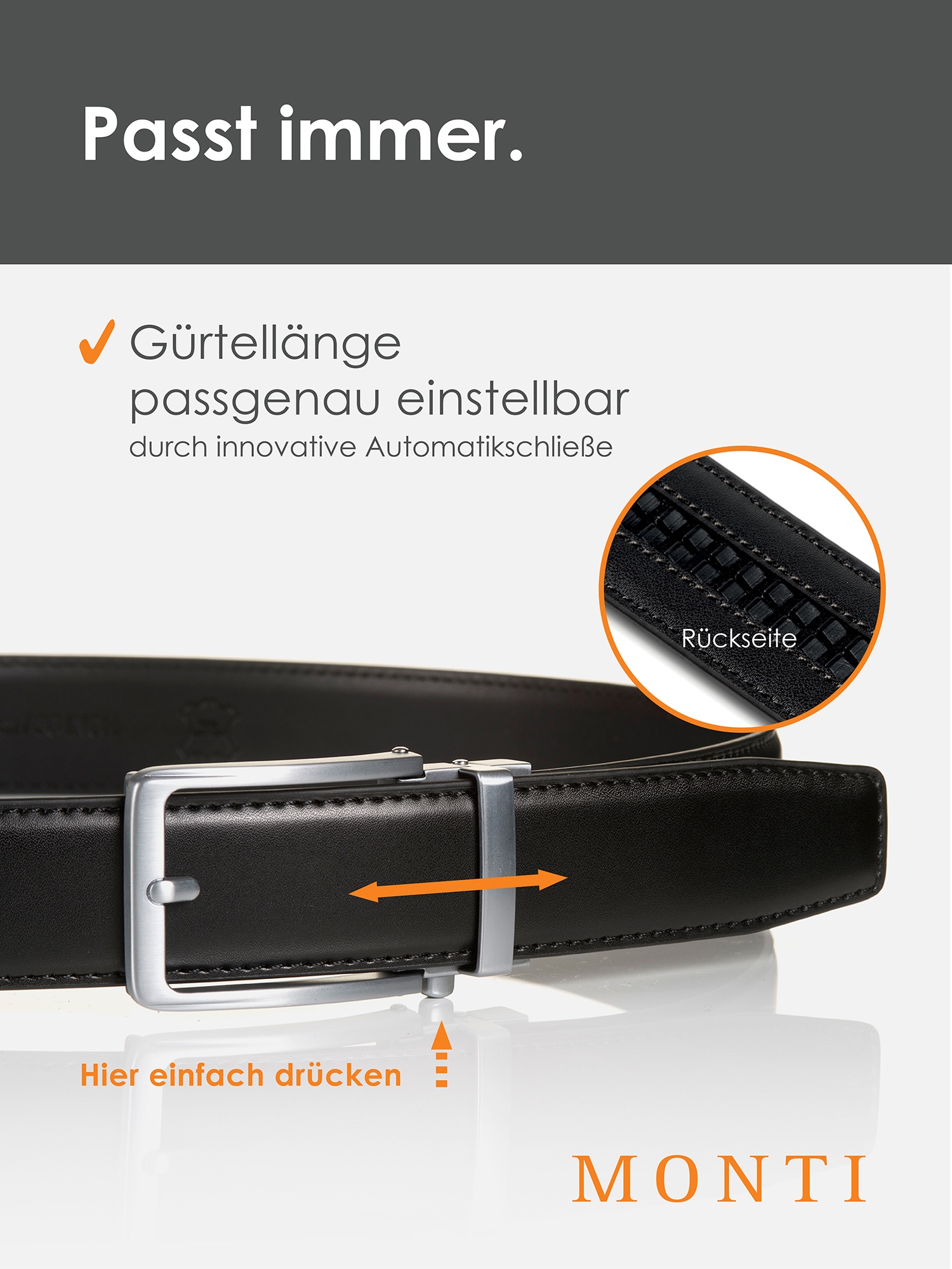 MONTI Ledergürtel, 3,5 cm breit, Klassisch-Business, Automatikschließe - Passt immer