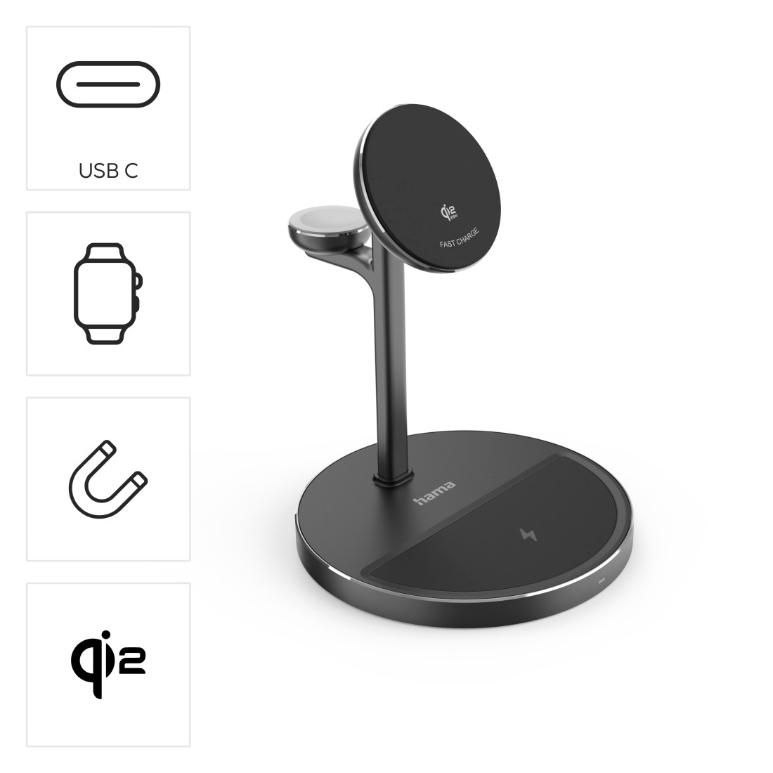 Hama Wireless Charger »Qi2-Ladestation mit 15 W und magnetischer Smartphone-Halterung« Magnetische Ausrichtung, Standhalterung, Apple-Watch-Lademodul