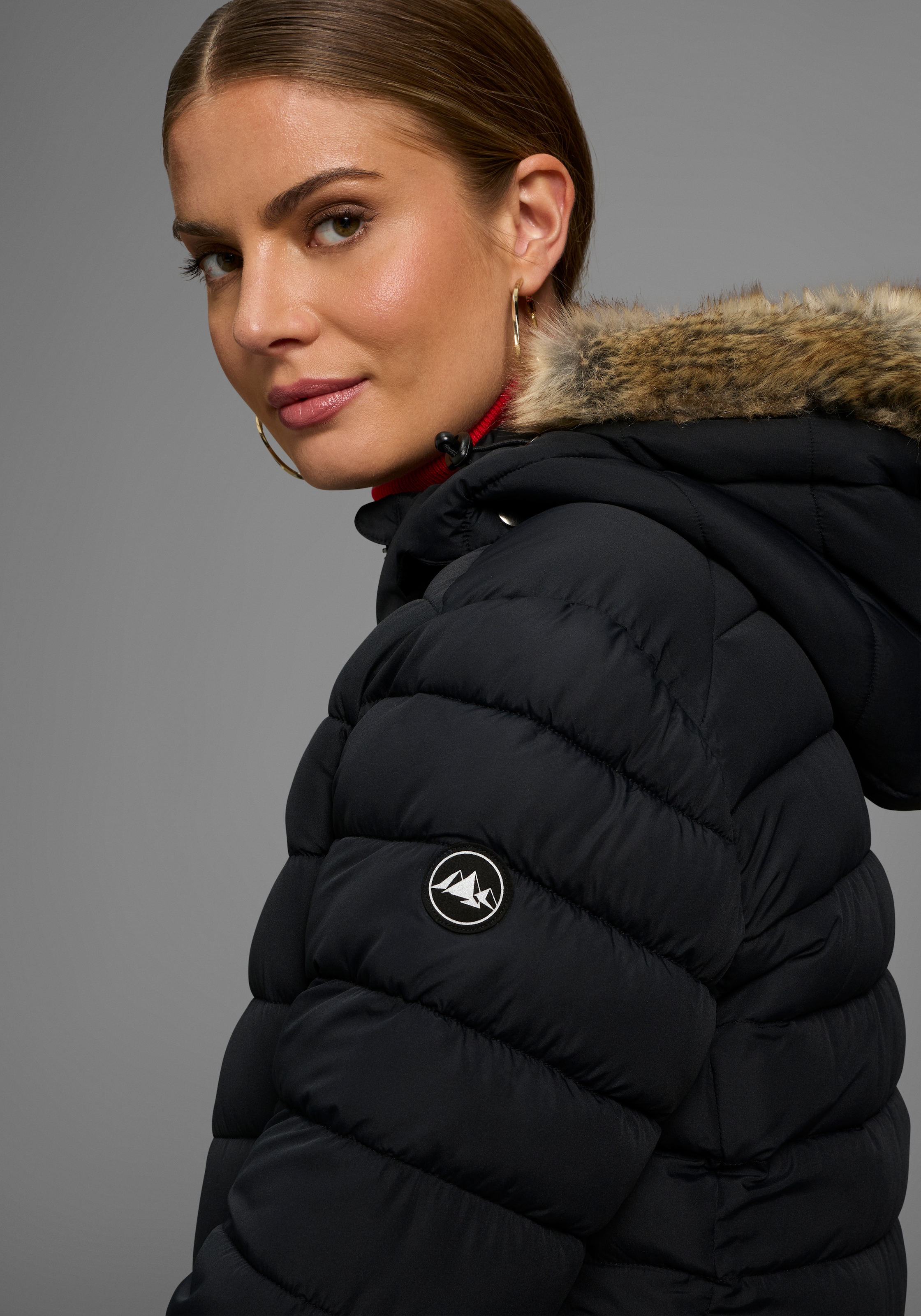 Polarino Steppjacke mit Kapuze Kapuze mit Fellimitat zum Abnehmen