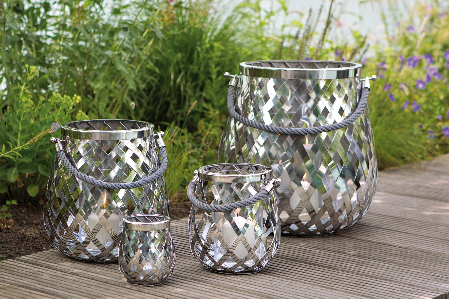 Fink Windlicht »OTIS, mit handgearbeiteter Flechtstruktur«, (1 St.), Kerzenhalter aus Edelstahl und Glas, Höhe ca. 15 cm, outdoorgeeignet