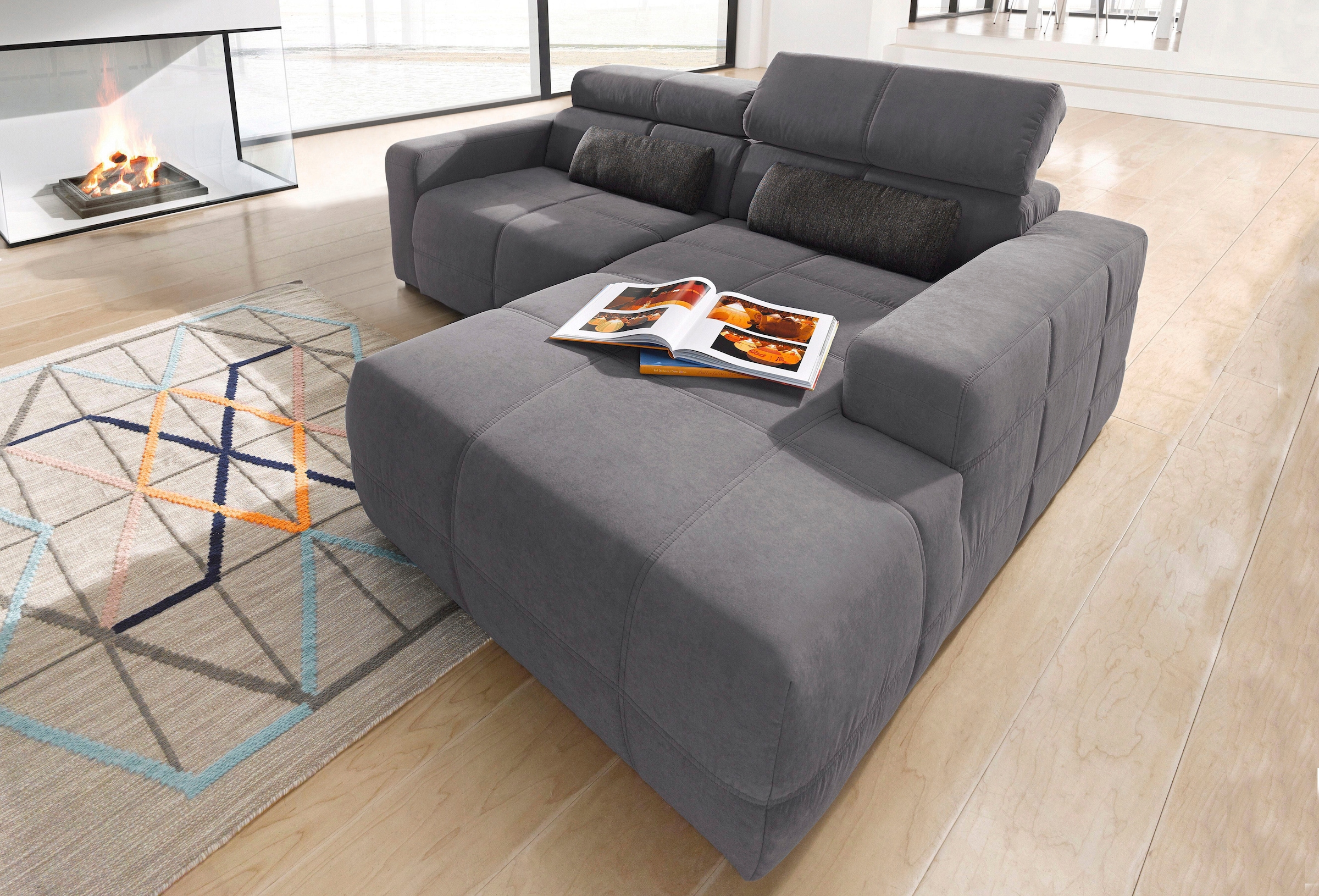 DOMO collection Ecksofa »Brandon B/T: 214/100 cm, belastbar bis 140kg/ Sitz, L-Form«, Luxus-Microfaser, grau