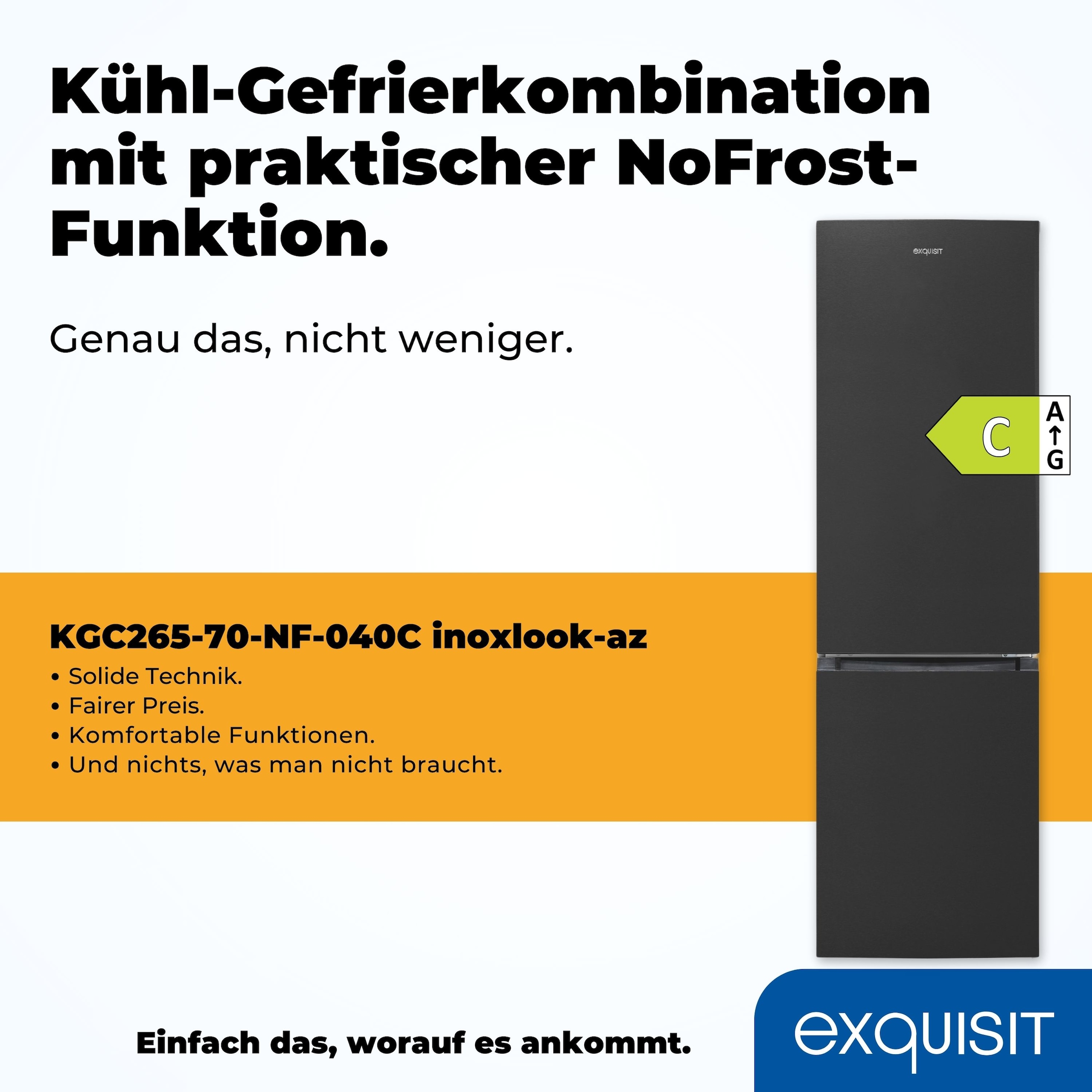 exquisit Kühl-/Gefrierkombination »KGC265-70-NF-040C« 180,5 cm hoch 54,5 cm breit Energieeffizienzklasse C, 253 Liter Nutzinhalt, Total NoFrost