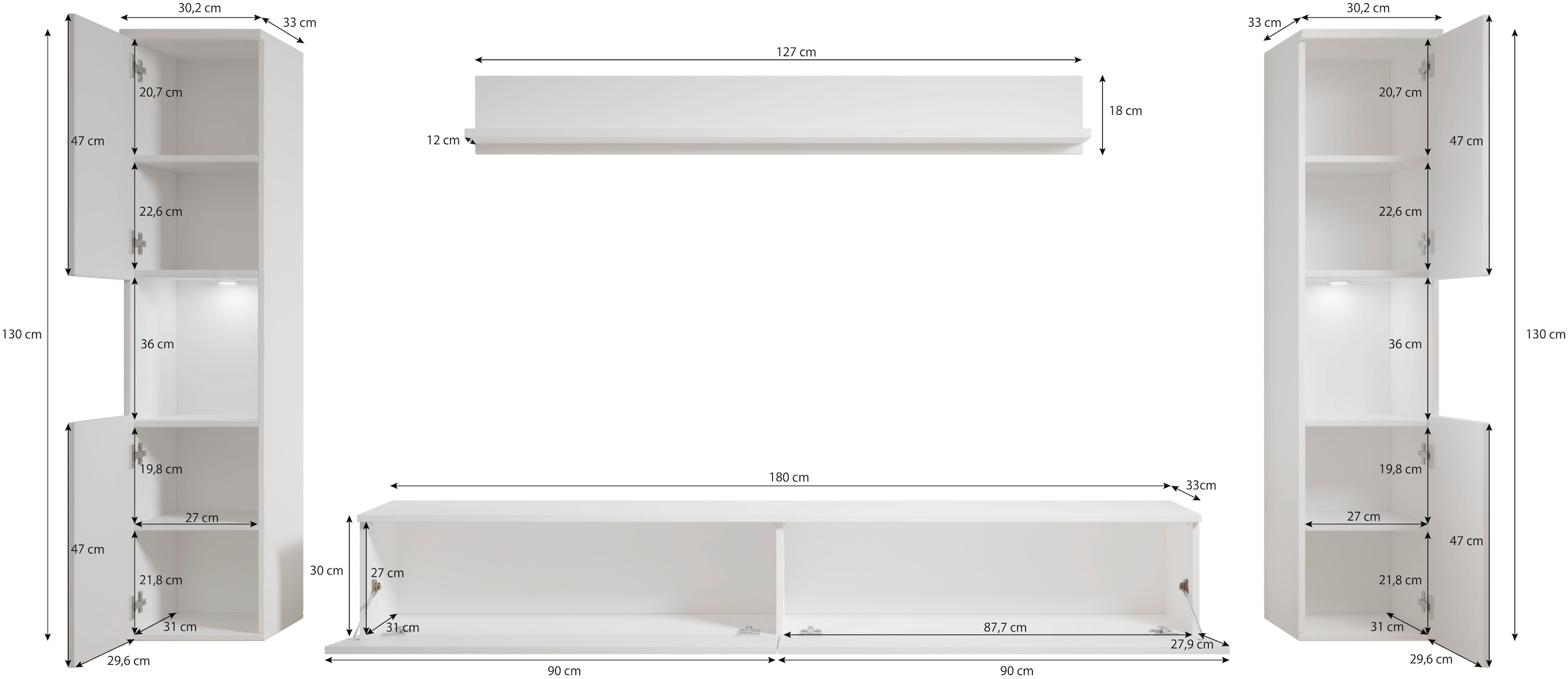 INOSIGN Wohnwand »PARIS, Vitrine Türanschlag links/rechts wechselbar«, (Komplett-Set, 4 St.), grifflose Design, stehend und hängend montierbar