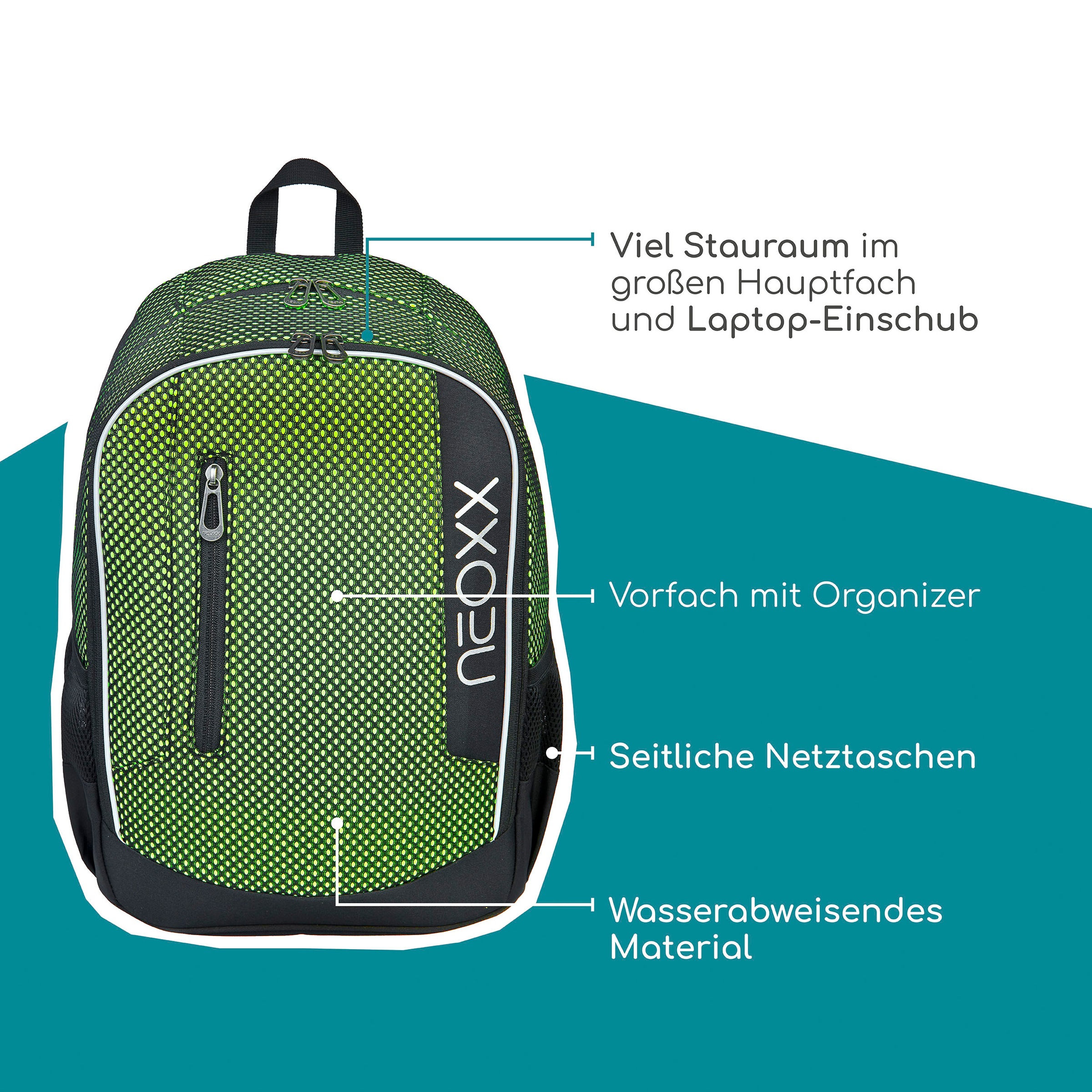 neoxx Schulrucksack »Flow, All about Neon«, teilweise aus recyceltem Material