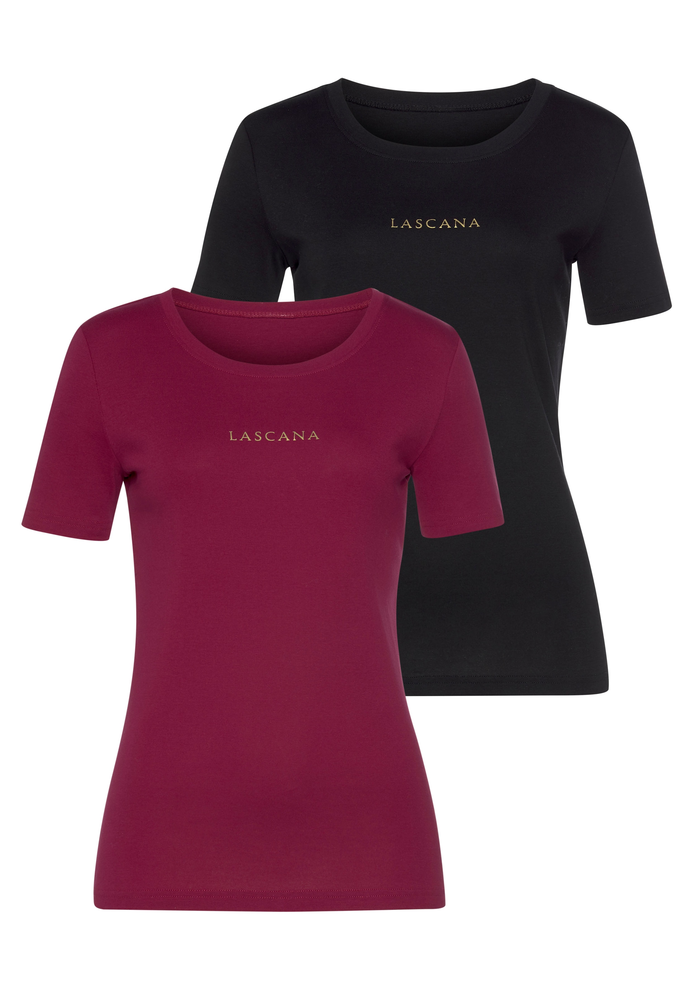 LASCANA T-Shirt, (2er-Pack), mit goldenem Logodruck ♕ bei