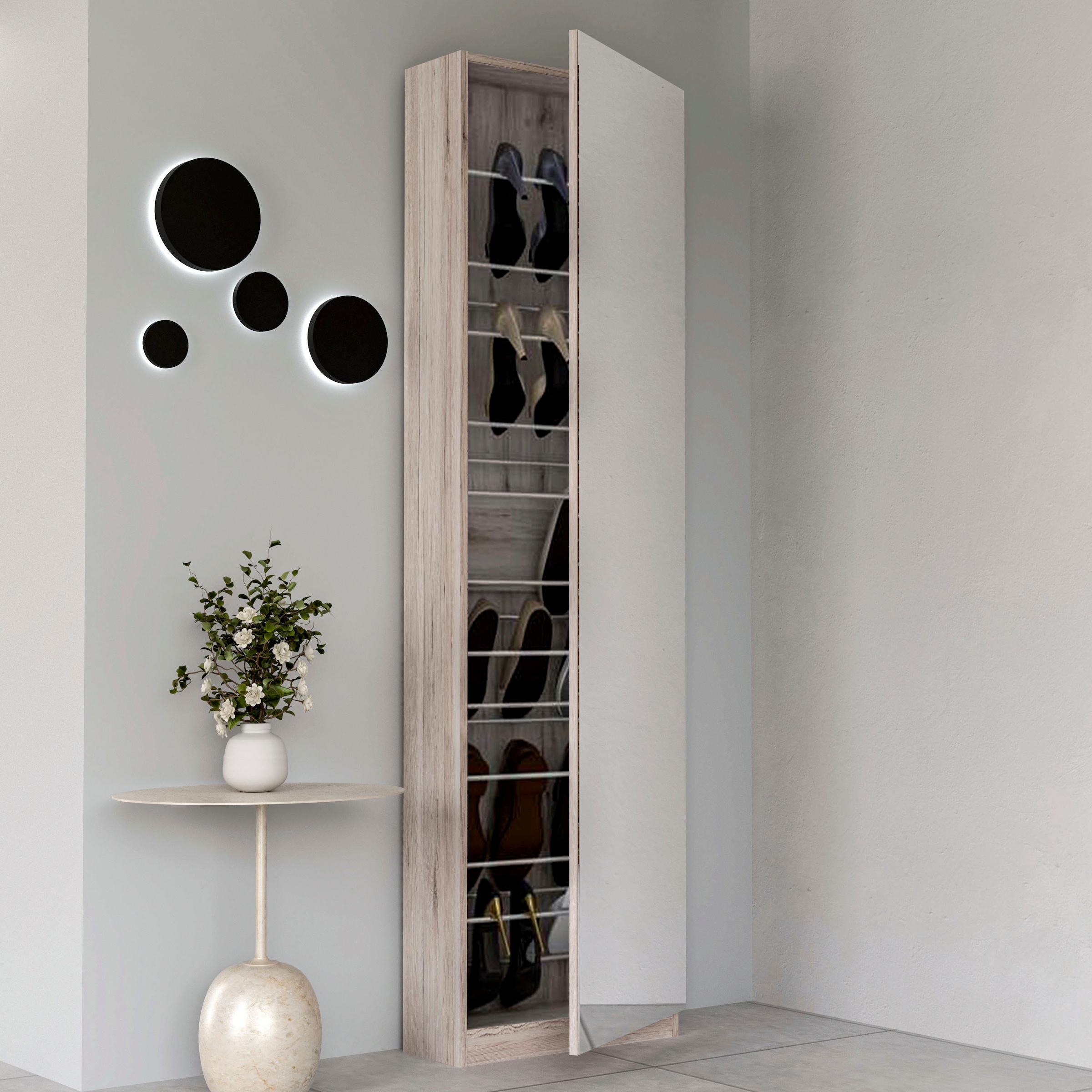 FORTE Schuhschrank »Calma Schuhschrank, Spiegeltüre, 12 Paar Schuhe, Türanschlag wählbar«, (B/H/T : 50/179,7/20 cm), Schuhschrank mit Spiegeltüre, 180cm hoch, 12 Paar Schuhe