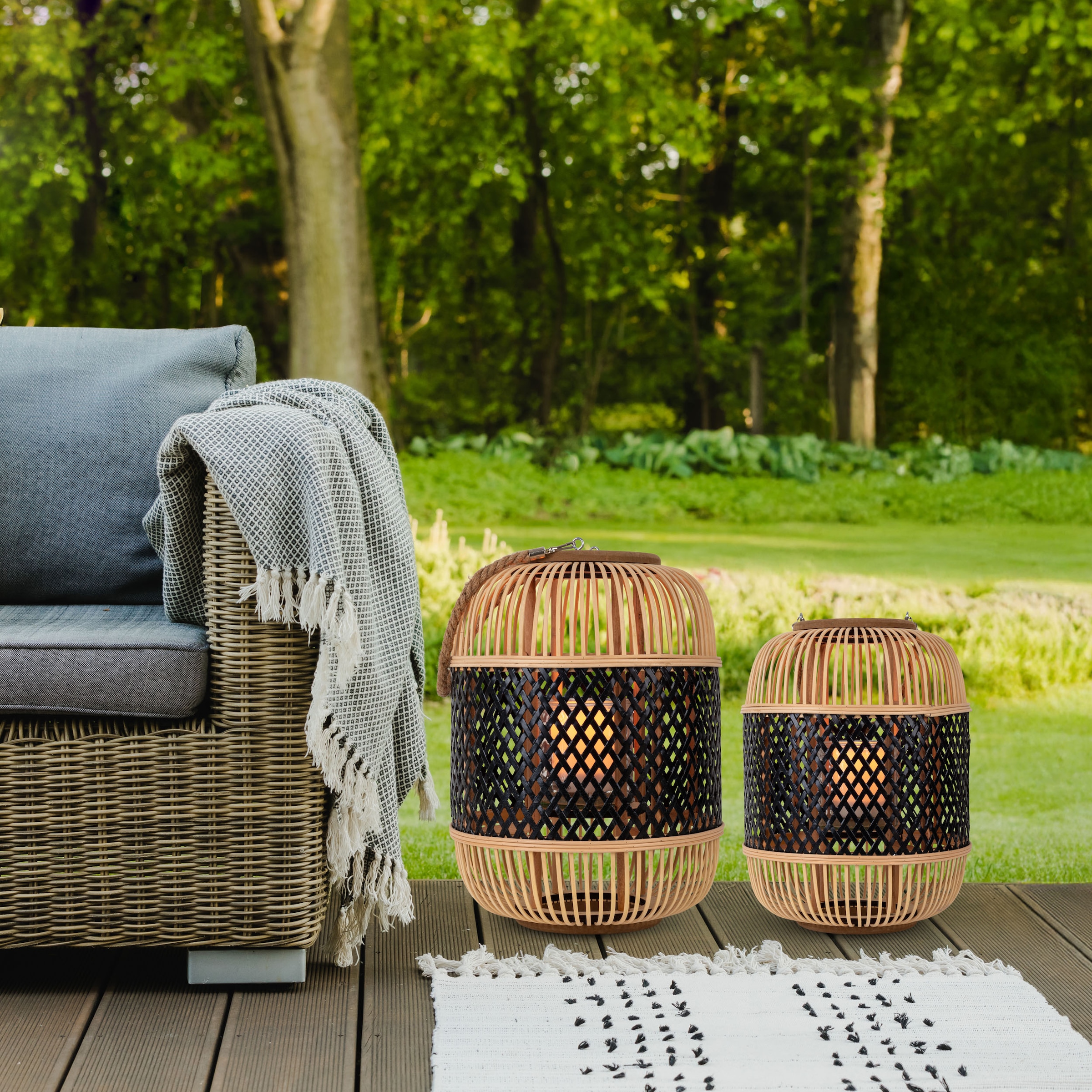 näve LED Dekolicht »Korbinian« 1 Stk. Warmweiß Rattankorb natur/schwarz mit Griff inkl. Solarkerze mit Flammeneffekt