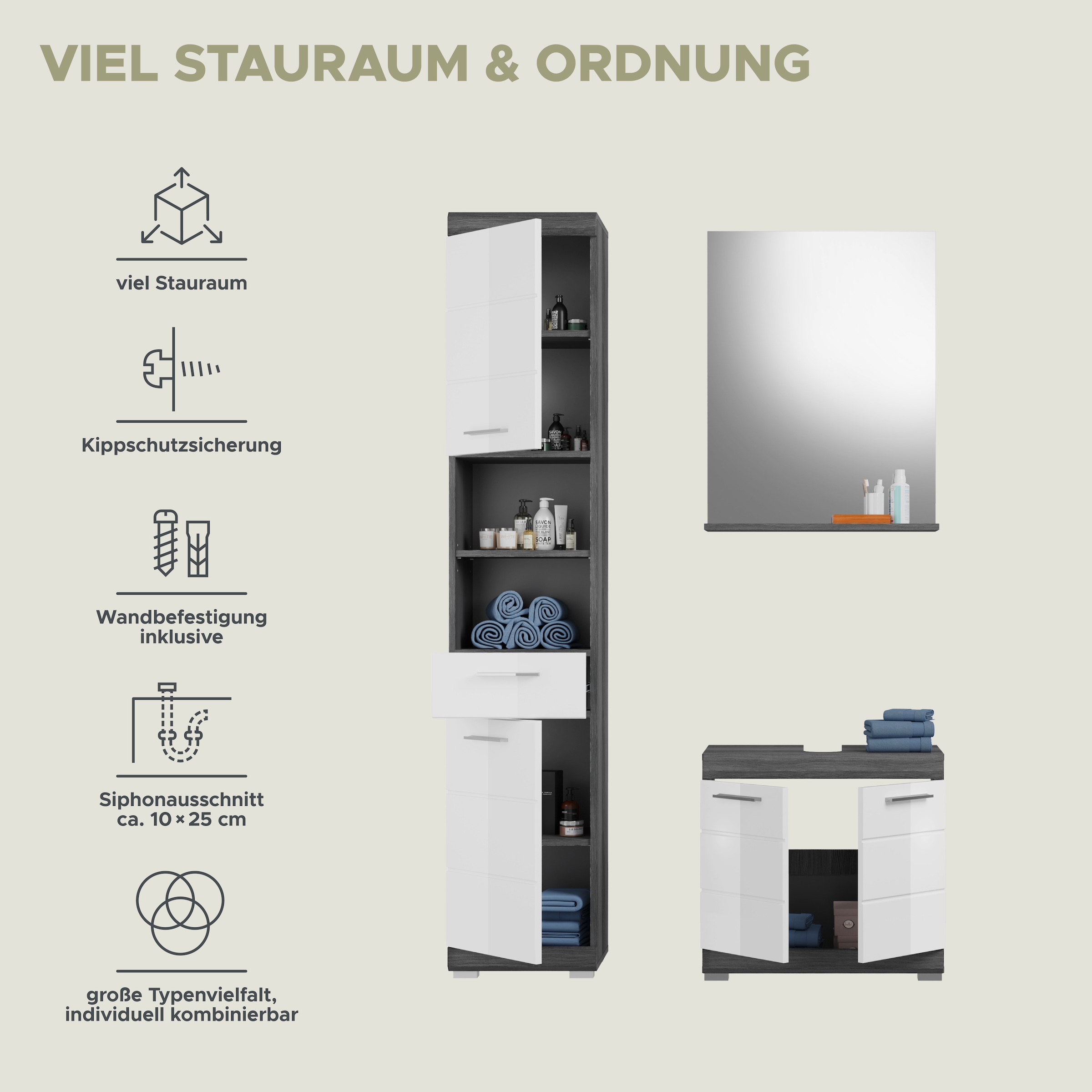 welltime Badmöbel-Set »Siena, 3 teilig, bestehend aus:« Set, TOPSELLER!, 3 Stk. tlg.