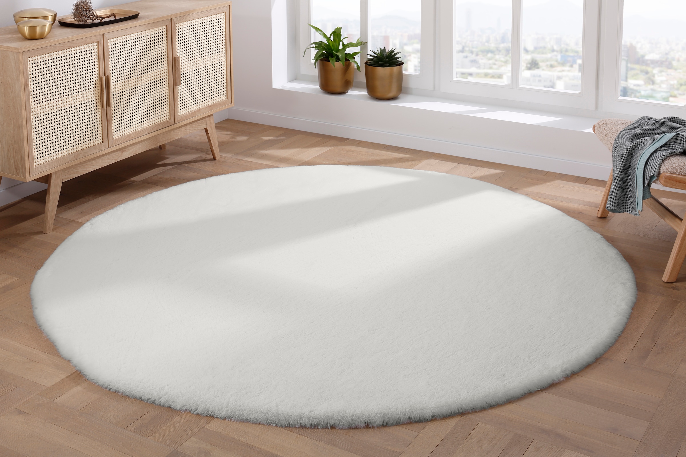 my home Fellteppich »Rabbit«, rund, 42 mm Höhe, runder Teppich, besonders weich dank Microfaser, flauschiges Kunstfell, Kaninchenfell-Haptik, fußbodenheizungsgeeignet, pflegeleicht, Teppiche für Wohnzimmer, Schlafzimmer & Esszimmer