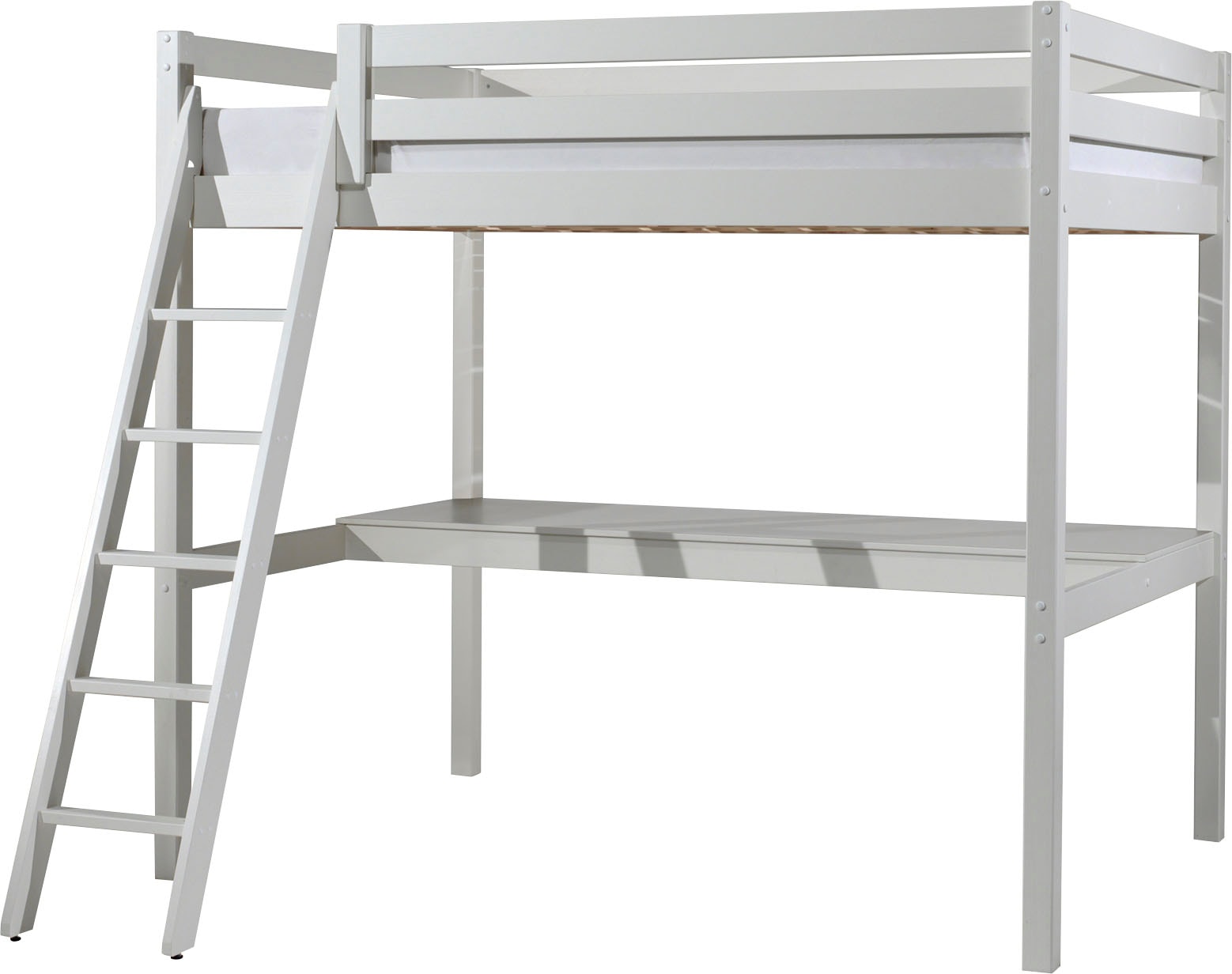 Vipack Hochbett »Pino, Kiefer massiv, sehr standfest, Made in Europe, mit Sessel«, (B/H/T ca. 209x190x215cm, mit großer Schreibplatte und Leiter), inkl. Rolllattenrost, Absturzschutz, 2 Breiten zur Auswahl