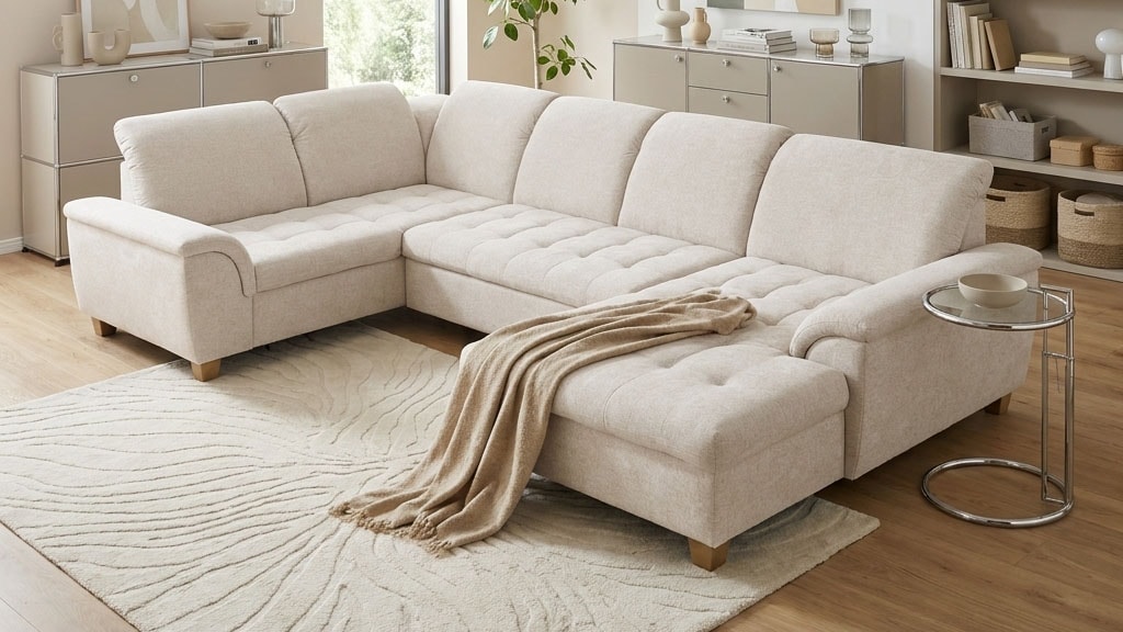 OTTO home Wohnlandschaft »Eggery 352 x 214 cm, auch mit Schlaffunktion & Bettkasten, Holzfüße« Kopfteile verstellbar, U-Form, aus pflegeleichtem Luxus-Microfaser