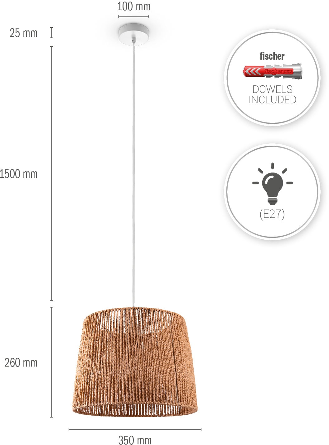 Paco Home Pendelleuchte »Hugo Amadeo« E27 Wohnzimmer Esszimmer Rattan Optik Boho Lampenschirm Papier