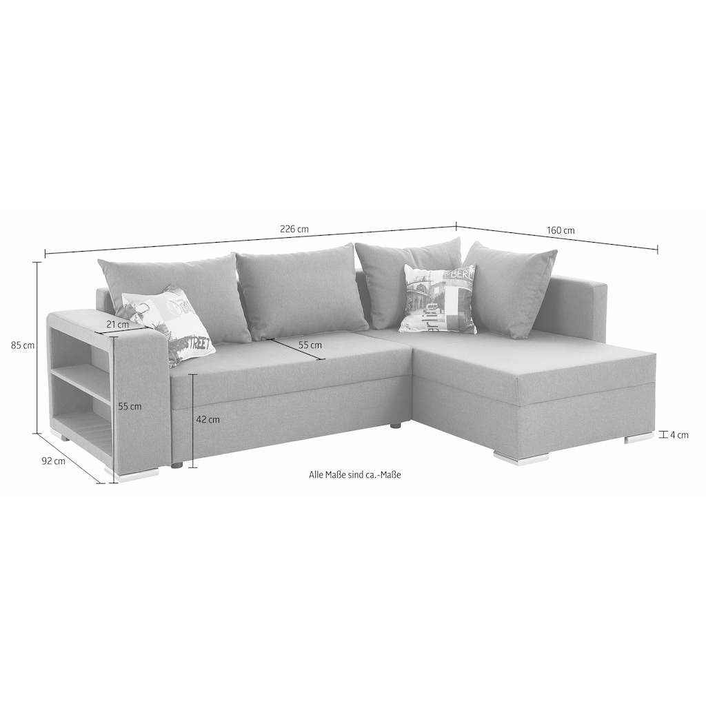 Ecksofa John mit Bettfunktion, Bettkasten und Regalarmteil