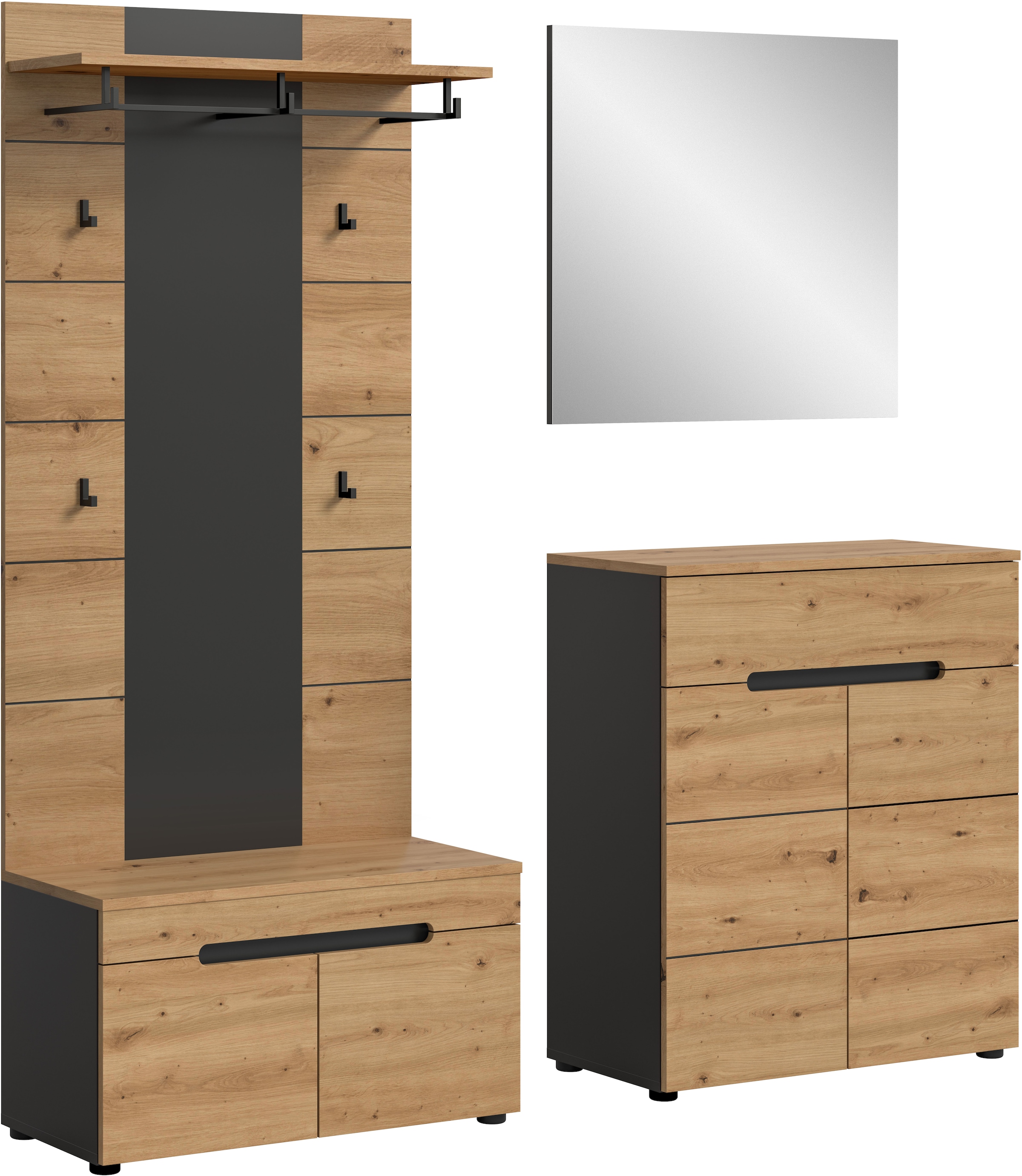 Home affaire Garderoben-Set »REHAT, TOPSELLER!, 4-teilig, Breite 175 cm, individuell erweiterbar« Set, bestehend aus: Sitzbank, Paneel, Spiegel und Kommode, 4 Stk. tlg.