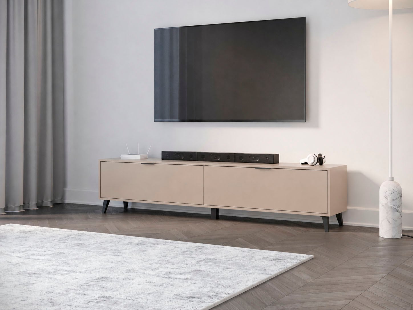 OTTO home Lowboard »Oslo, B/H/T: 180/40/33 cm« 2 Klappen, schwarze Metallgriffe, schwarze Füße