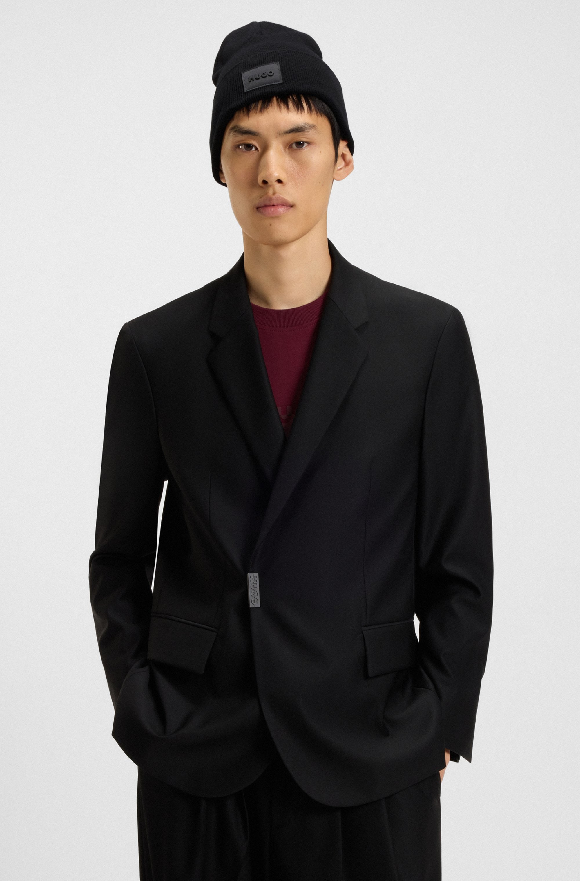 HUGO Strickmütze »Xevon« mit Label-Aufnäher, Baumwolle