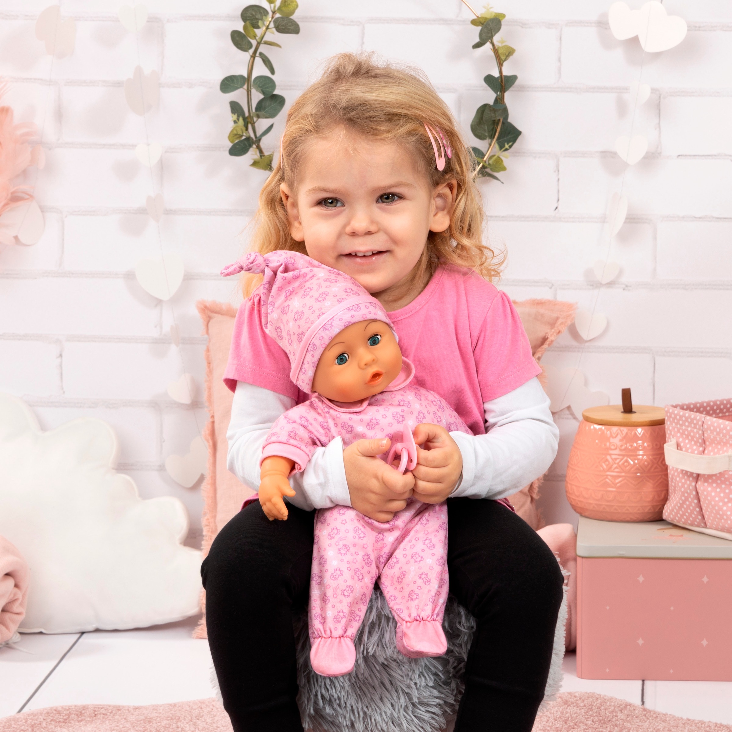 Bayer Babypuppe »First Words Baby, 38 cm, Schafe rosa« mit Schlafaugen und Babygeräuschen