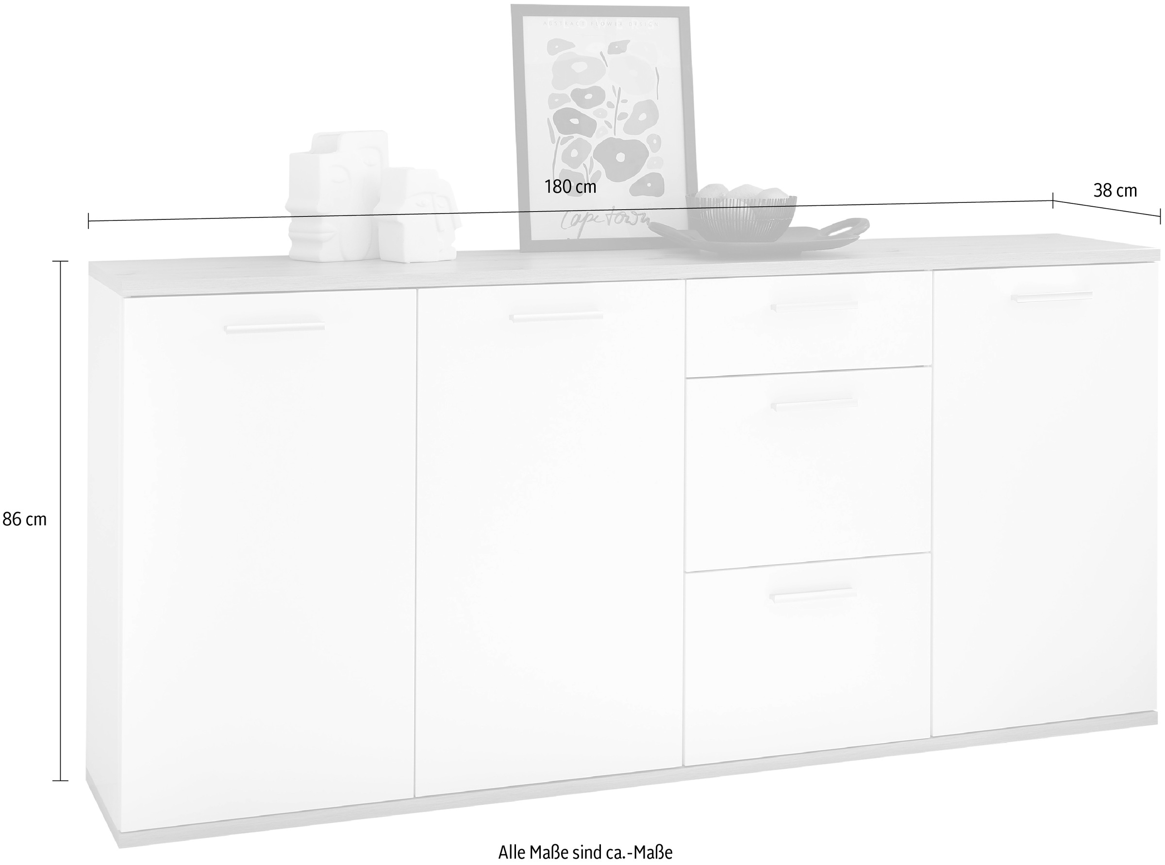 HBZ Kommode »BC1035 weiß matt, BxHxT 180x86x38 cm« Sideboard mit 3 Türen, 3 Schubkästen, 2 Einlegeböden
