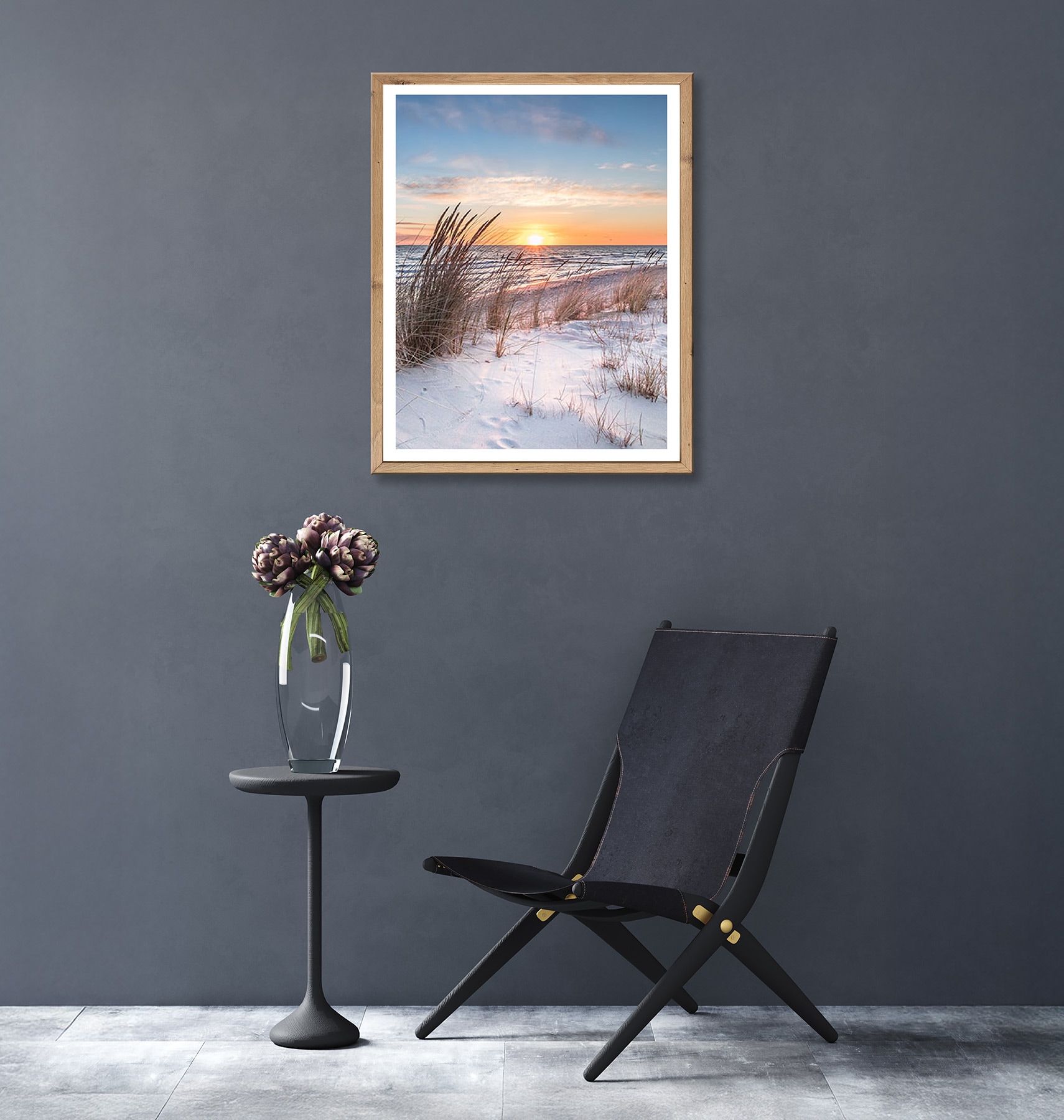 Bönninghoff Bild mit Rahmen »Wandbild gerahmt SONNENUNTERGANG 40x50 cm – Natur Wanddeko modern« Düne | Gräser | Küste | Landschaft | Meer | Natur | Sonnenaufgang & -untergang | Strand 1 Stk. tlg. mit dekorativem Rahmen