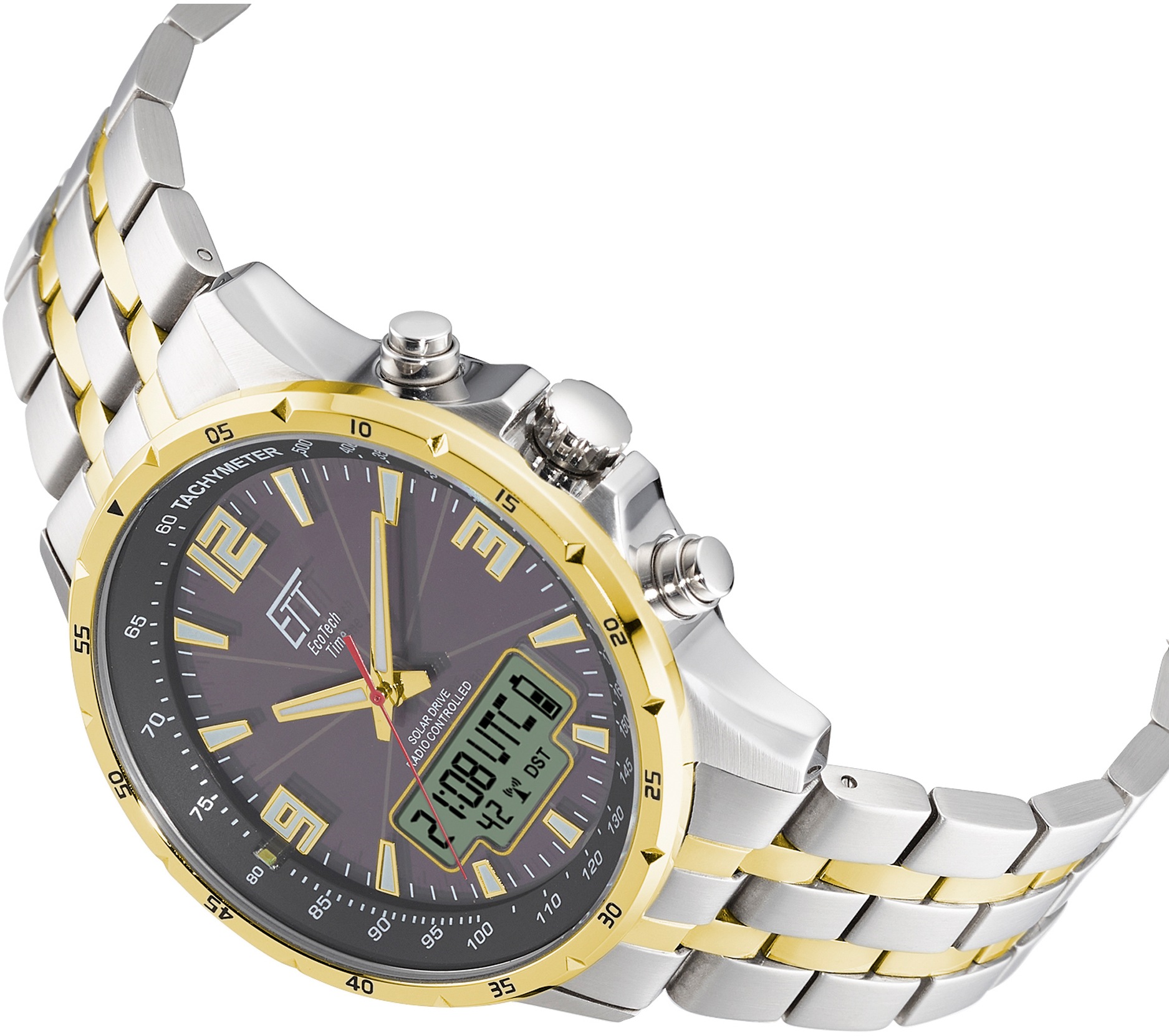 ETT Funkchronograph »Professional«, Armbanduhr, Herrenuhr, Stoppfunktion, Datum, Solar, Edelstahlarmband