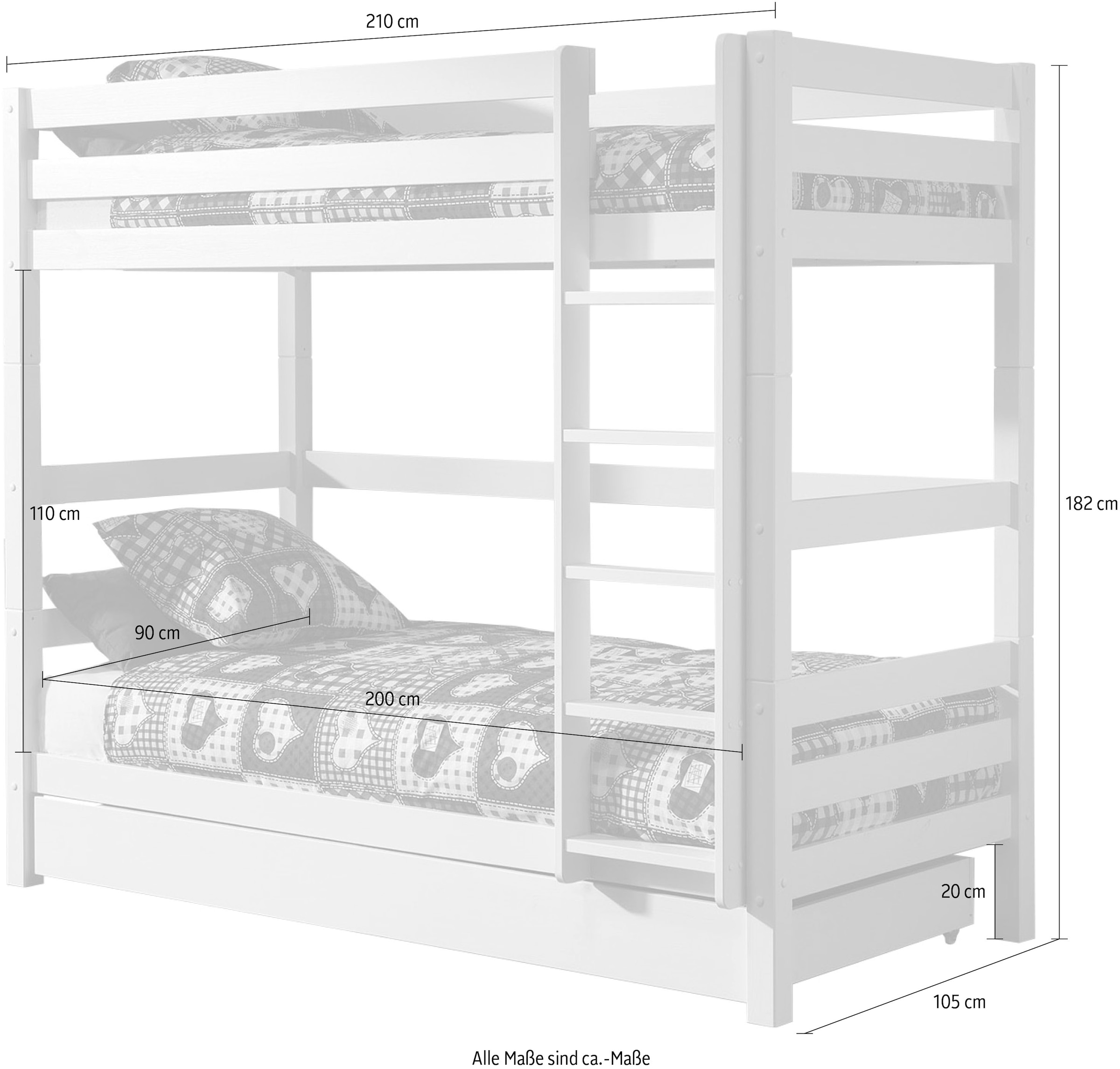 Vipack Etagenbett »Pino, inkl. Rolllattenrost, Leiter und Absturzschutz«, (B/H/T ca. 210x182x105cm, massiv Kiefer verschiedene Farben), wahlweise ohne Schublade, mit 1 großen, 2 kleinen Bettschubladen