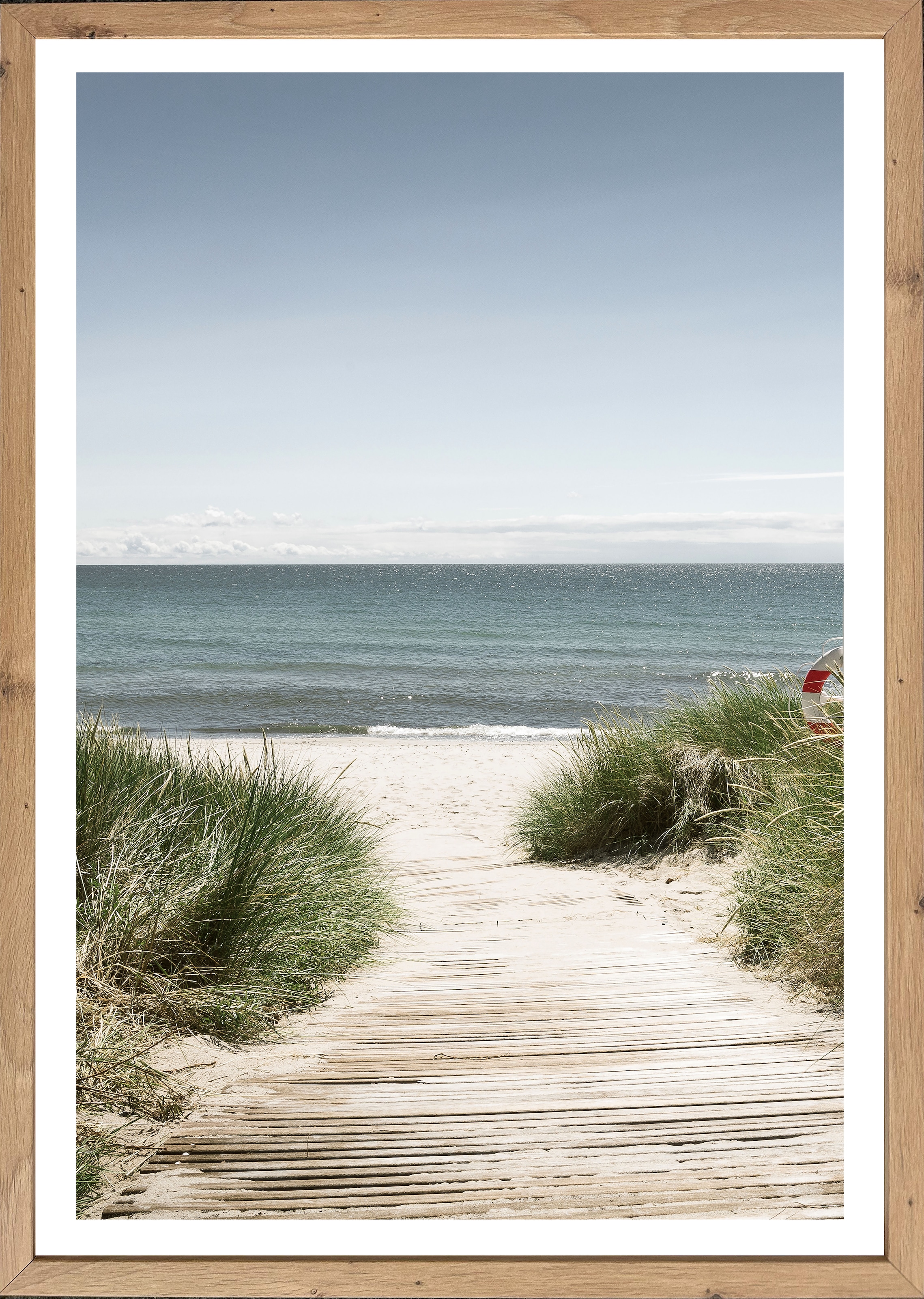 Bönninghoff Bild mit Rahmen "Wandbild gerahmt STRANDWEG 50x70 cm – Holzsteg zum Meer im Scandi Stil" Düne  Gräser  Küste  Landschaft  Meer  Natur  Strand 1 Stk. tlg. mit dekorativem Rahmen