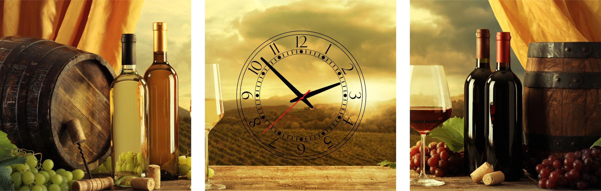 Conni Oberkircher´s Bild mit Uhr »Smell of Wine - Weinflaschen und Fässer«,  Wein, (Set, (Set 3), mit dekorativer Uhr, Küche, Genuss auf Rechnung kaufen