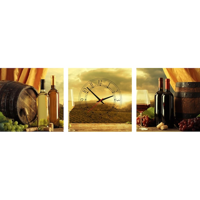 Conni Oberkircher´s Bild mit Uhr »Smell of Wine - Weinflaschen und Fässer«,  Wein, (Set, (Set 3), mit dekorativer Uhr, Küche, Genuss auf Rechnung kaufen