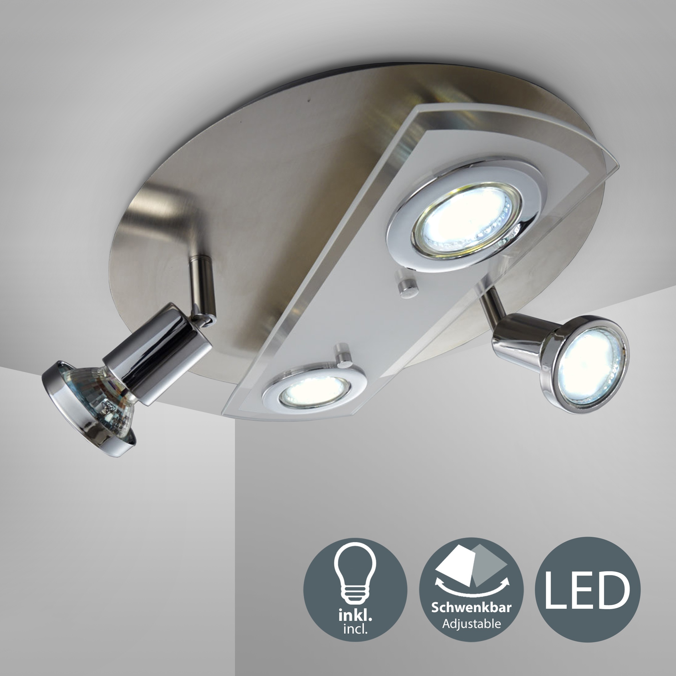 B.K.Licht LED Deckenspot »Orion«, 4 flammig, Leuchtmittel GU10 | Leuchtmittel wechselbar, LED Deckenleuchte, rund, Metall, Glas, Strahler, inkl. 3W 350lm GU10