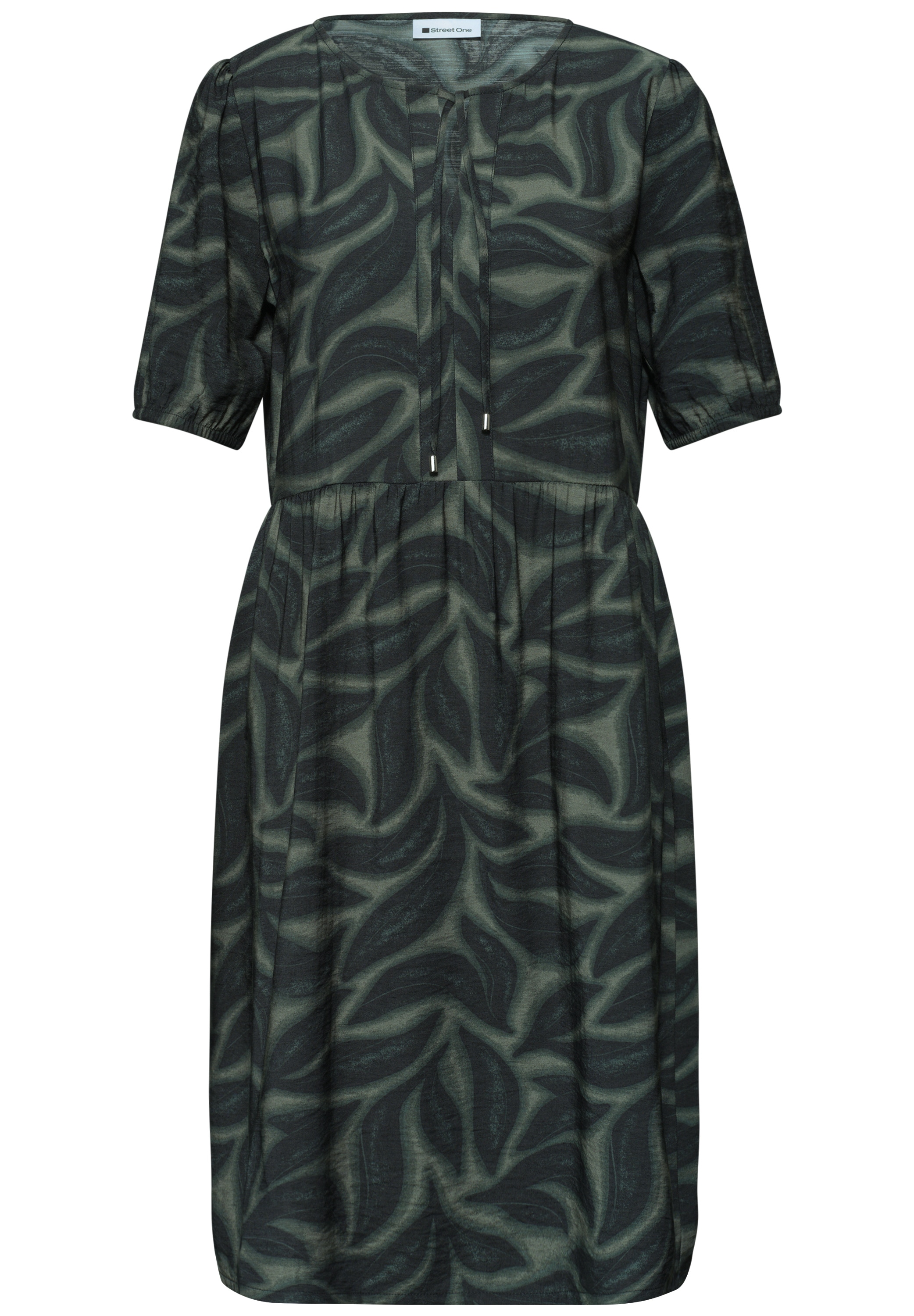 STREET ONE Sommerkleid Ohne Taschen Sommerkleid mit Split Neck und Allover-Print/Blätter-Design