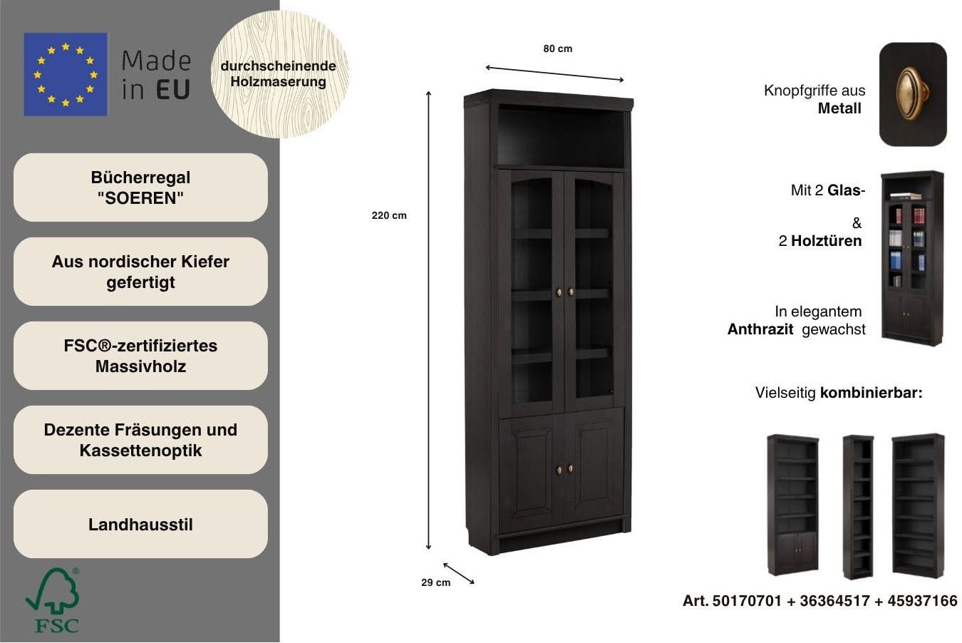 Home affaire Bücherregal »Soeren« Tiefe 29 cm, Höhe 220 cm, 4 Türen,  FSC®-zertifiziert