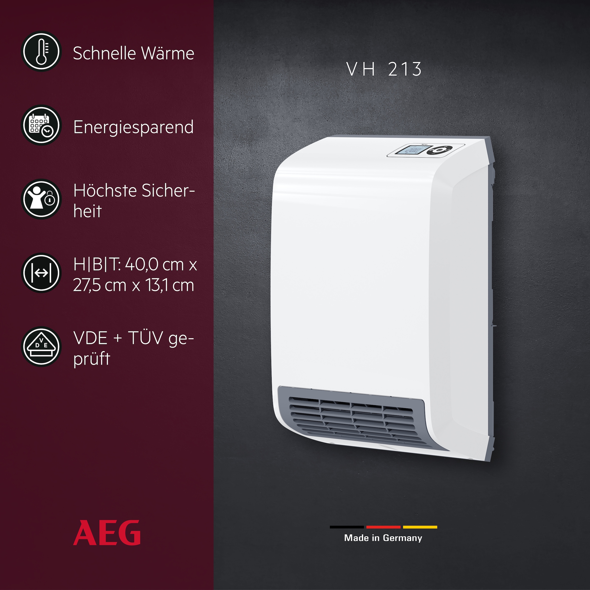 AEG Haustechnik Heizlüfter »»VH 213«, Keramik Heizlüfter energiesparend für ca. 25 m²,« LCD Display, Wochenzeitschaltuhr, Bad, 2 kW