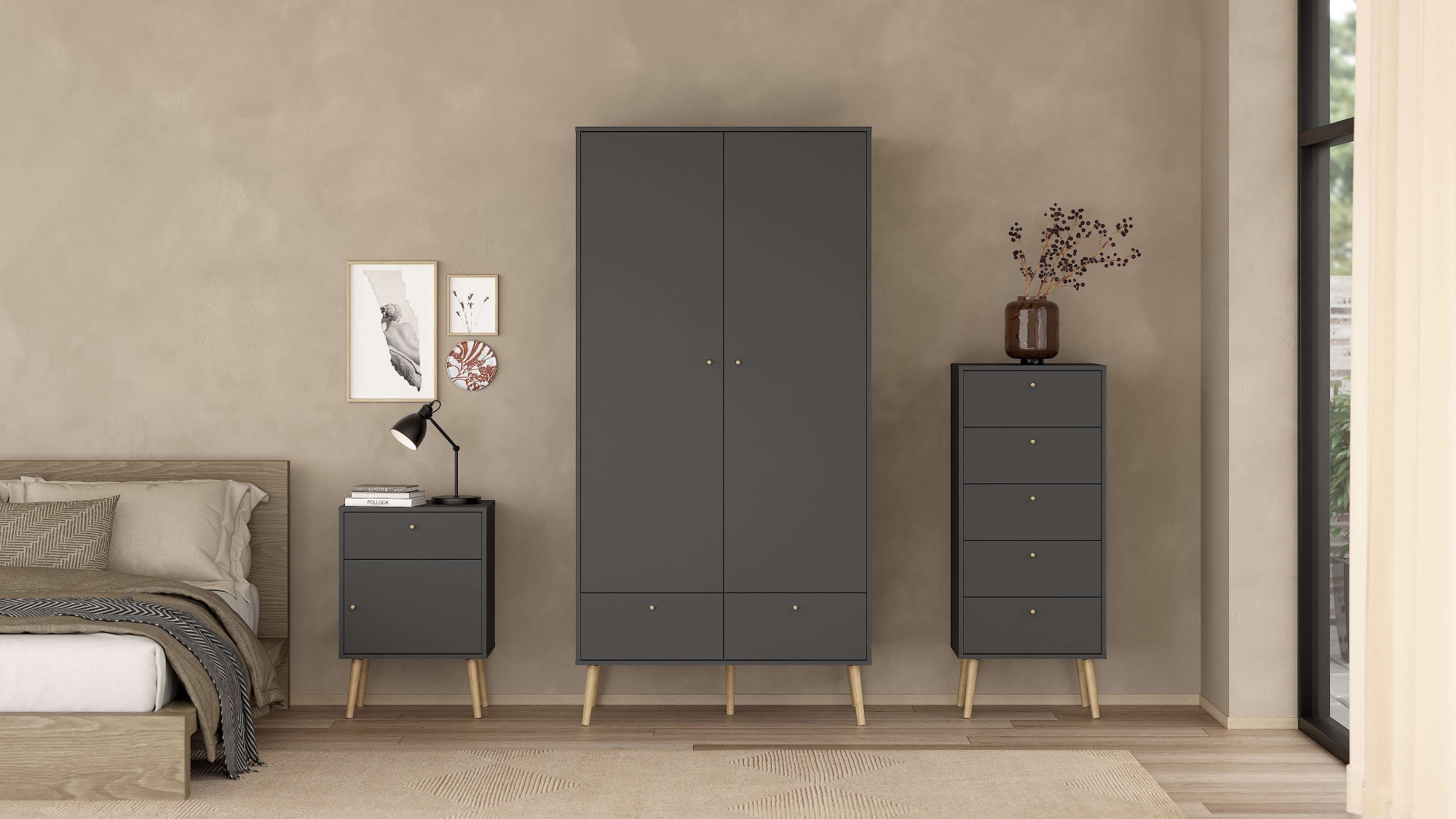 andas Kleiderschrank »Bodo, Drehtürenschrank, Aufbewahrung Kasten Schrank Stauraum«, 2 Türen, 2 Schubladen, Beine und Griffe Massivholz, Breite 99 cm