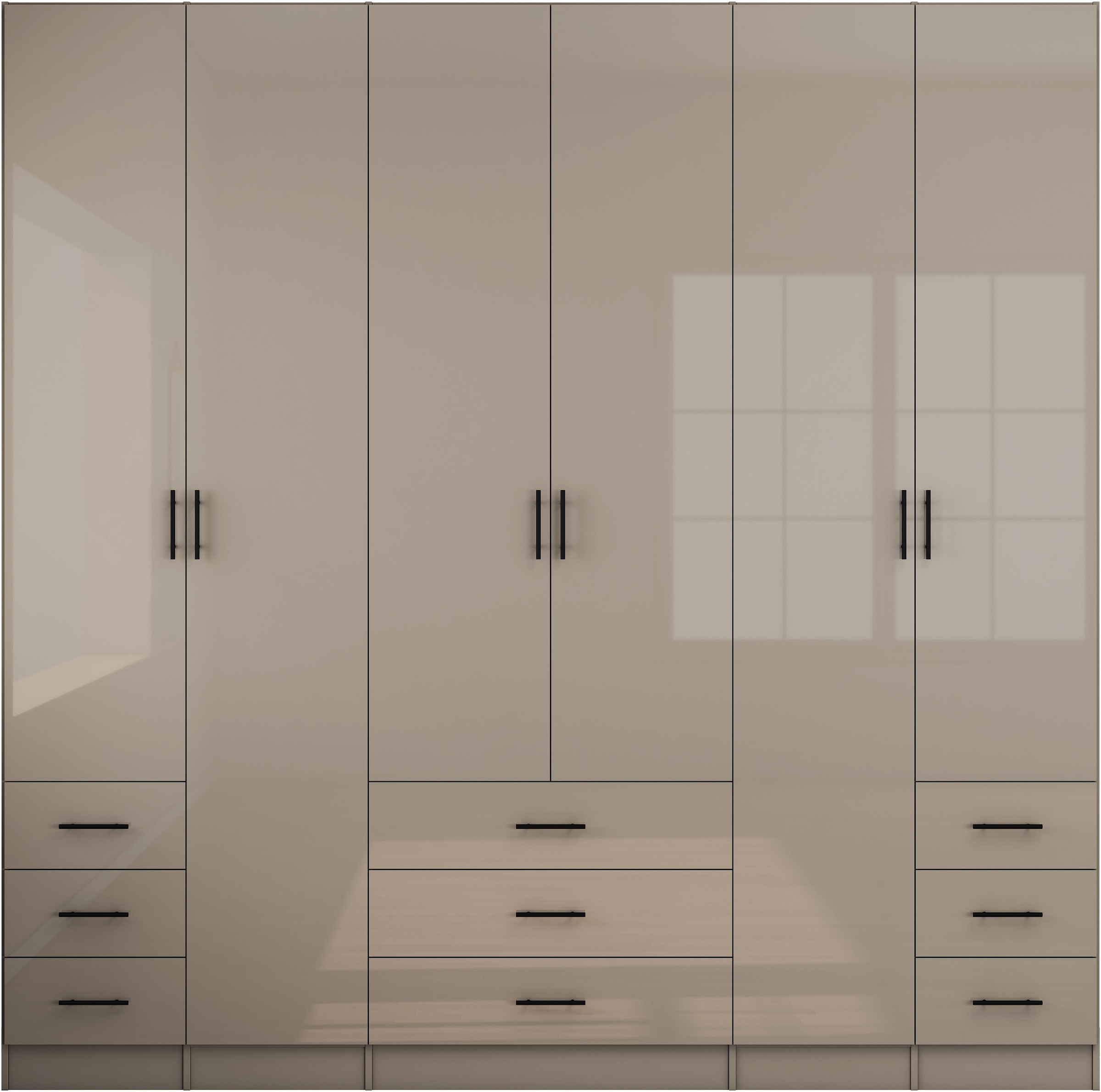 OTTO home Kleiderschrank »Trento Schlafzimmerschrank Garderobe hochglanz« in 2 unterschiedlichen Schrankhöhen wählbar,  Schrank mit 6 Türen und 9 Schubladen, Hochglanz-Fronten, 2,39m Höhe
