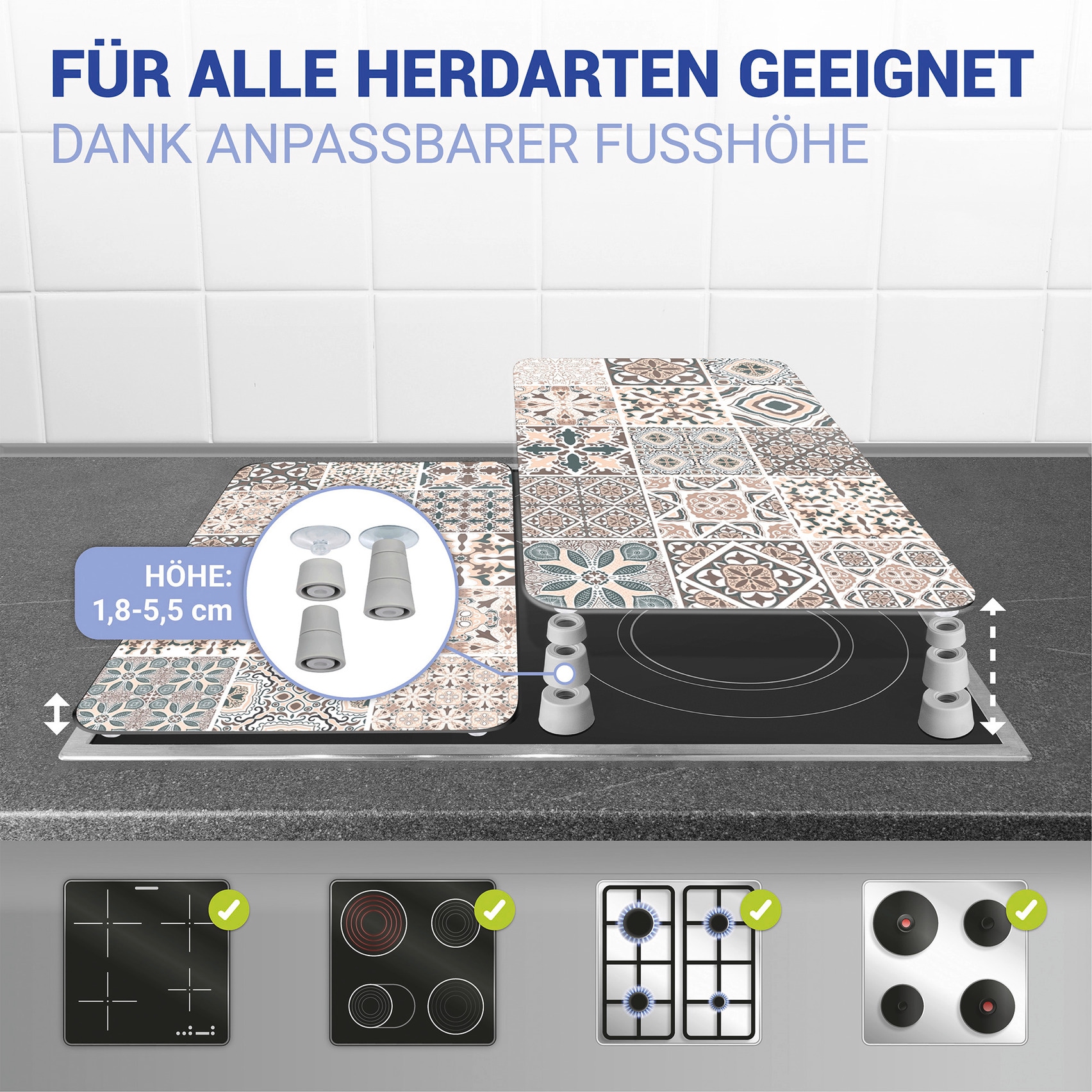 WENKO Herd-Abdeckplatte »Universal Modell Kachel«, (2 tlg.), Herdabdeckung für alle Herdarten, kratzfest, mit rutschfesten Füßen