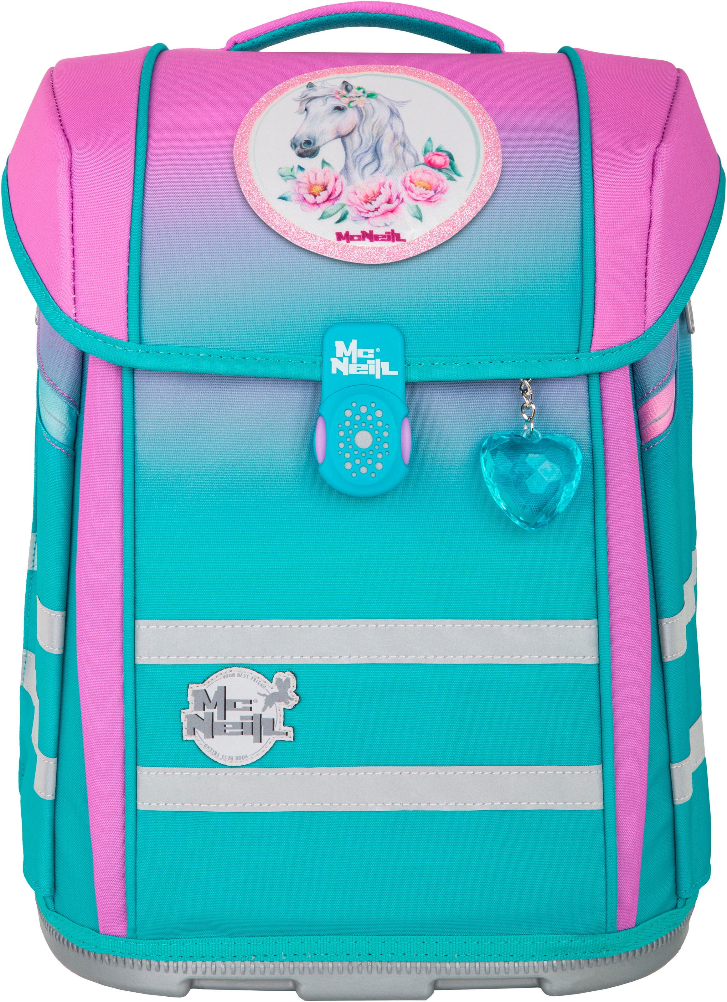 McNeill Schulranzen »Perfecto, Blueberry« reflektierende Streifen auf den Schultergurten;retroreflektierende Flächen inkl. Federmäppchen, Turnbeutel, Schlamperrolle & Motivmagnet