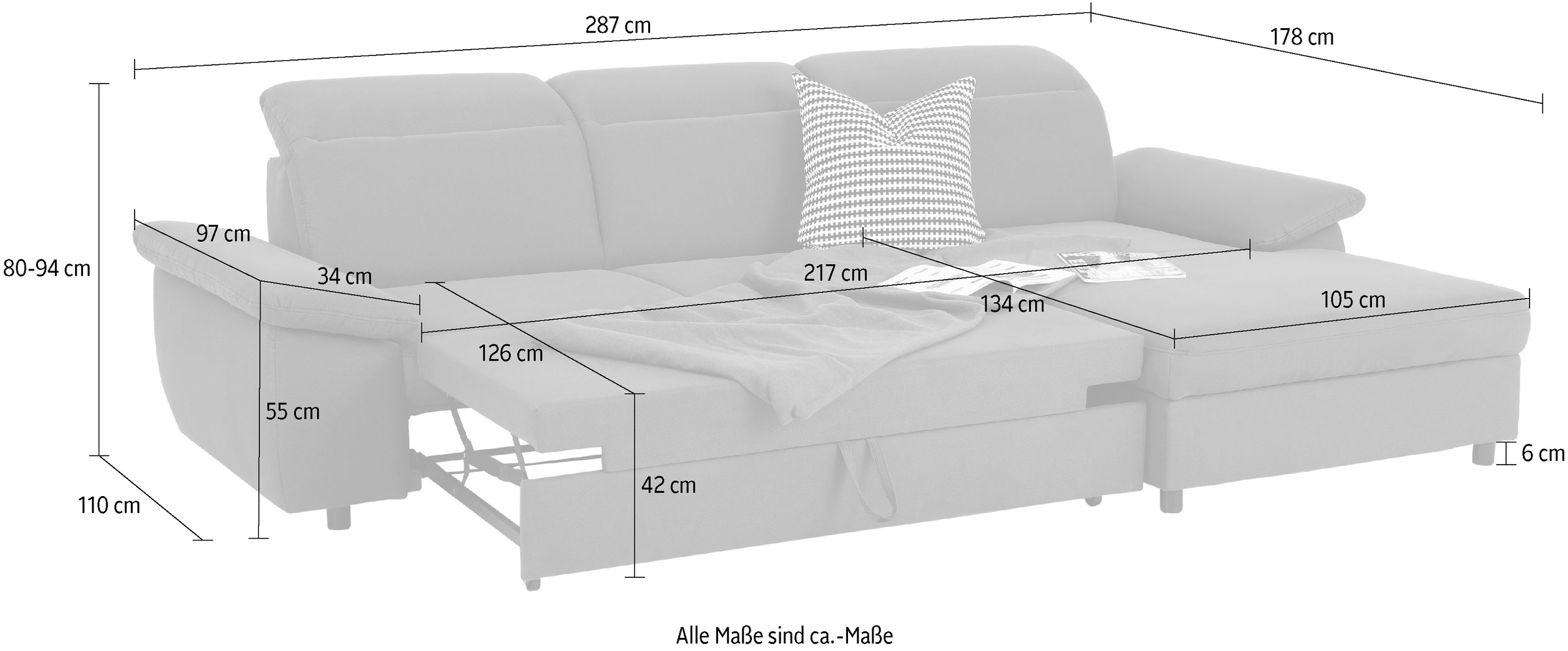 Home affaire Ecksofa »Mauritius L-Form«, mit Kopfteil- und Armlehnverstellung, mit Bettfunktion und Bettkasten