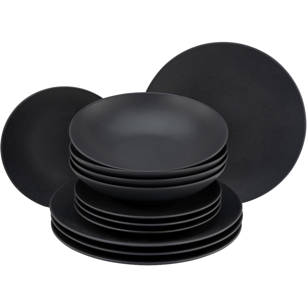 CreaTable Tafelservice »Geschirr-Set Soft Touch Black«, (Set, 12 tlg., Teller Set für 4 Personen), Service, schwarz, seidenmatte Glasur, 12 Teile, für 4 Personen