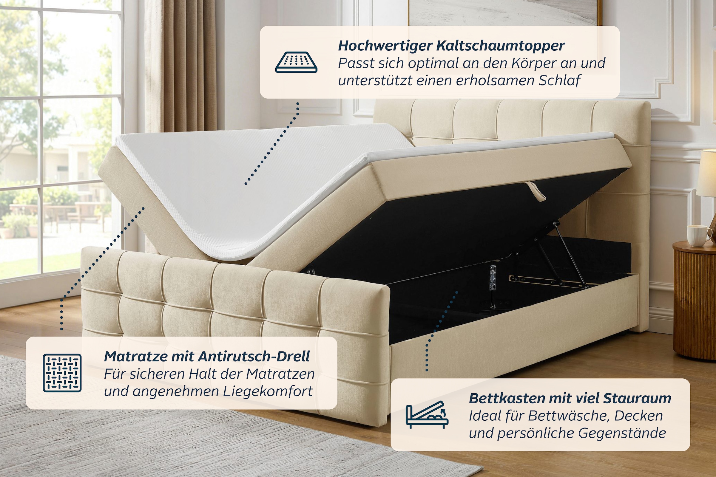 OTTO home Boxbett »LILIENNE, Polsterbett mit Bettkasten und Taschenfederkernmatratze H3« mit Kaltschaumtopper, Chenille-Bezug, 160x200 & 180x200 cm