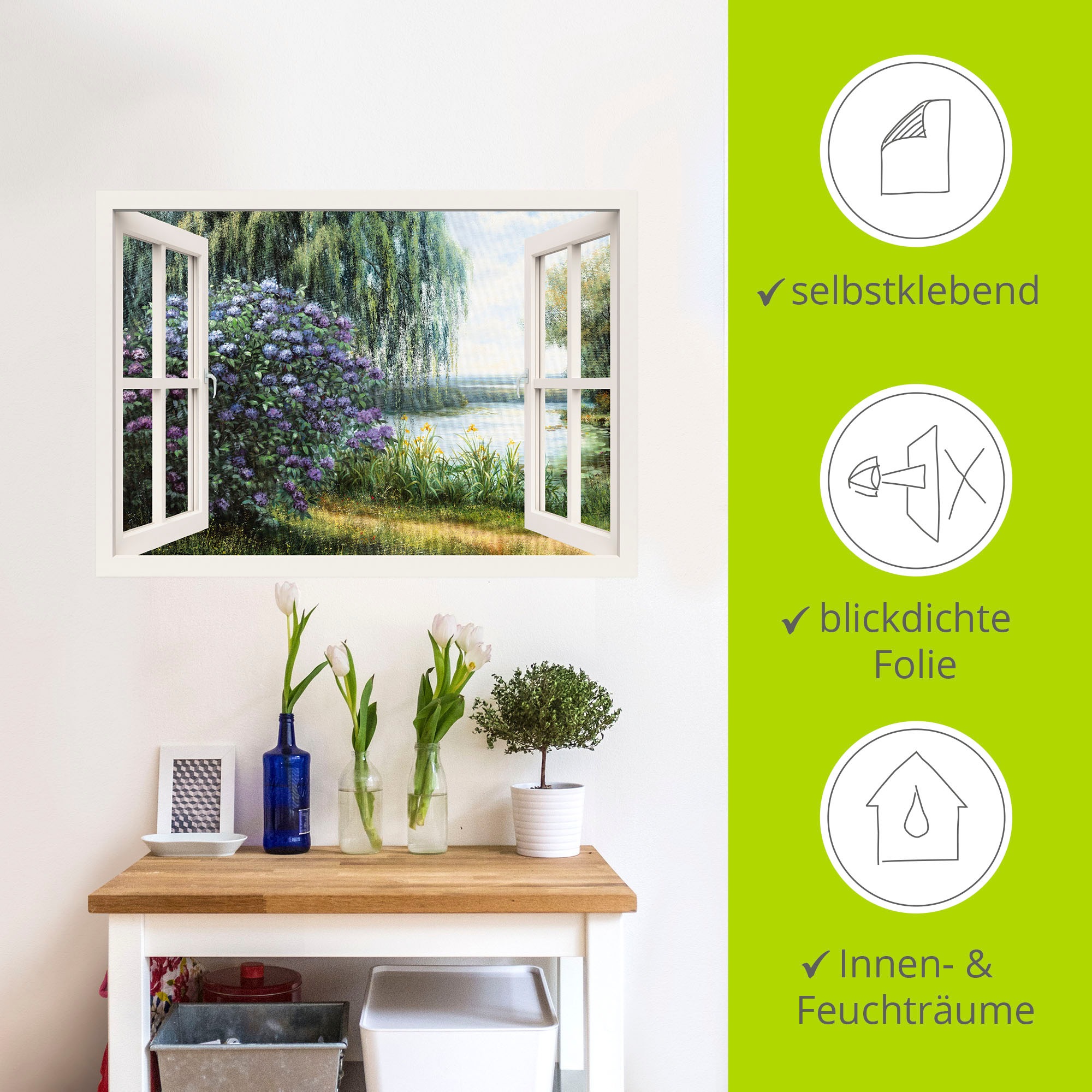 Artland Wandbild »Hortensien am See«, Fensterblick, (1 St.), als Leinwandbild, Poster, Wandaufkleber in verschied. Größen