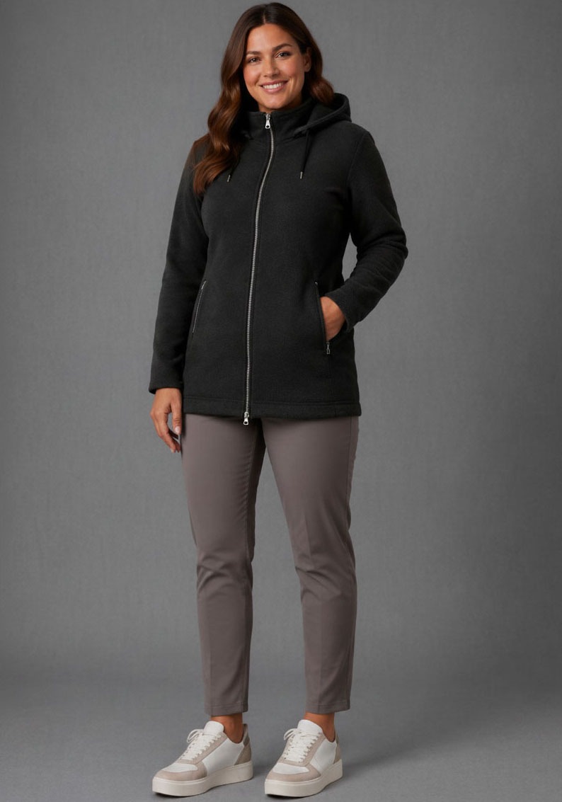 Polarino Strickfleecejacke mit Kapuze mit 2-Wege-Reißverschluss, po-bedeckend, figurumspielend, atmungsaktiv
