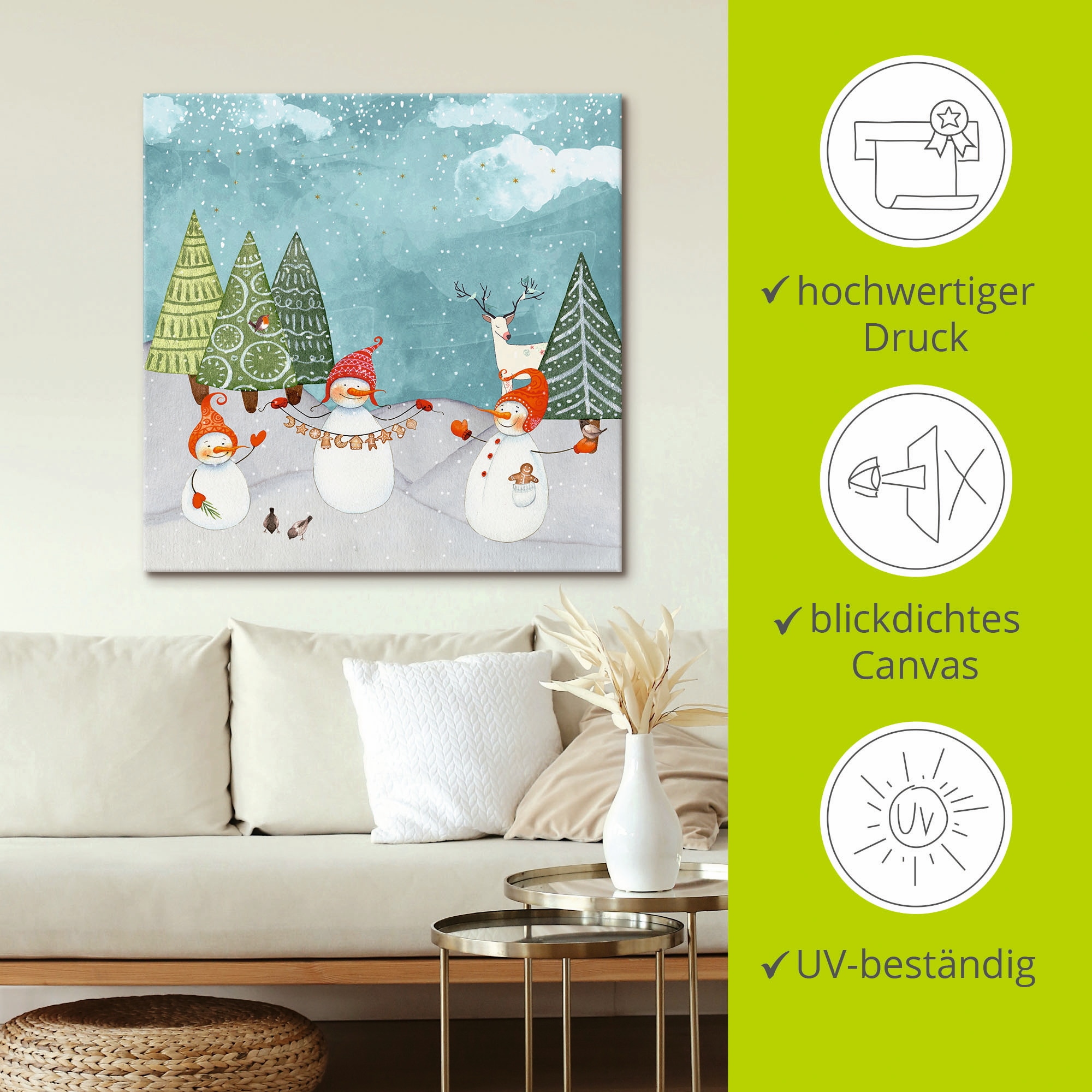 Artland Leinwandbild »Schneemänner und Tierfreunde«, Weihnachten, (1 St.), auf Keilrahmen gespannt