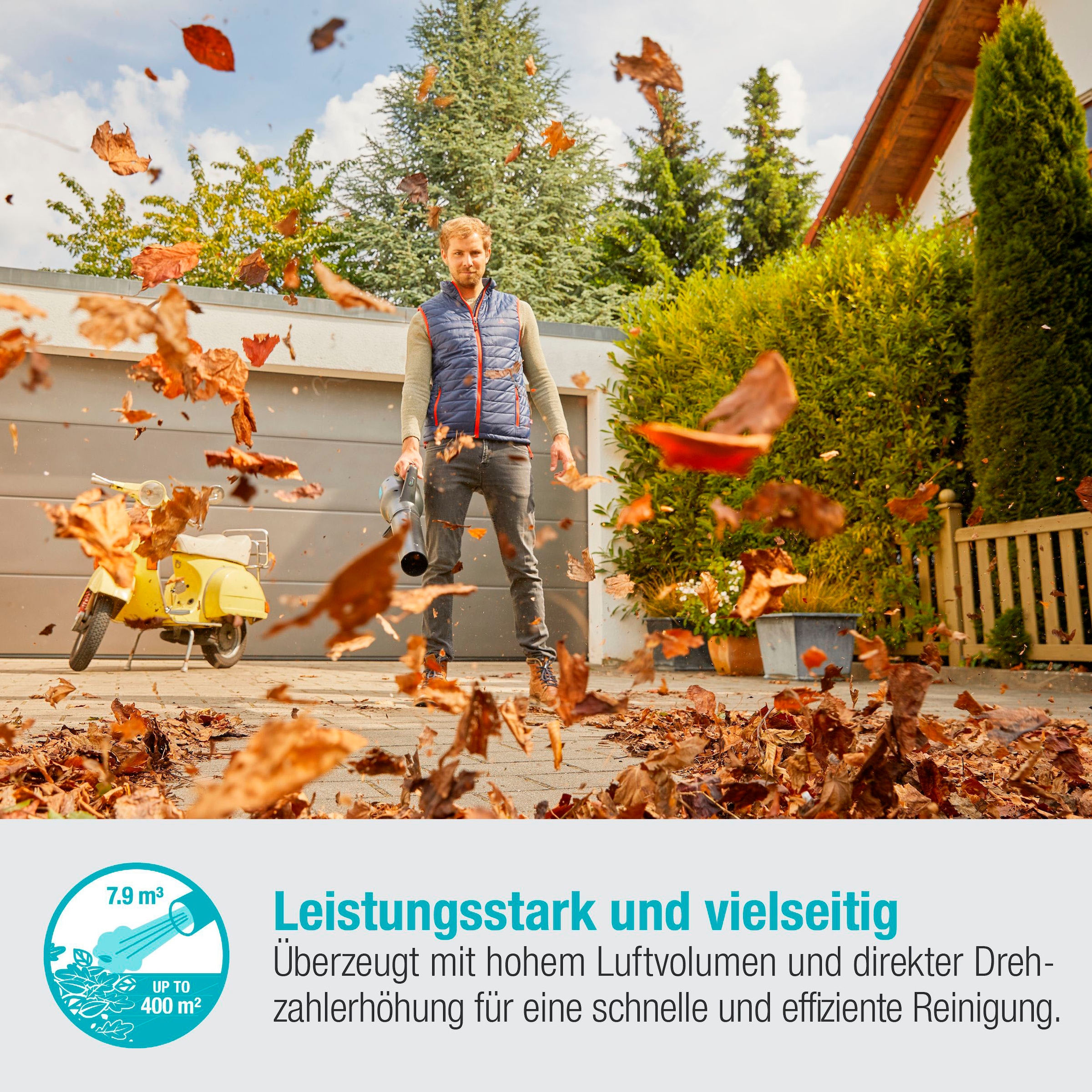GARDENA Akku-Laubbläser »PowerJet 18V P4A Ready-To-Use, 14890-20«, (Set, inkl. Akku und Ladegerät), 100 km/h Luftgeschwindigkeit
